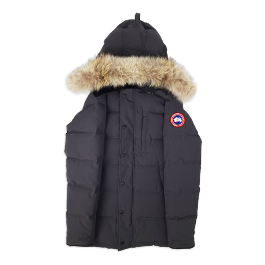 Front view of men's Canada Goose Carson Parka 3805M size Small in Graphite grey with coyote fur-trimmed hood, displayed on white background