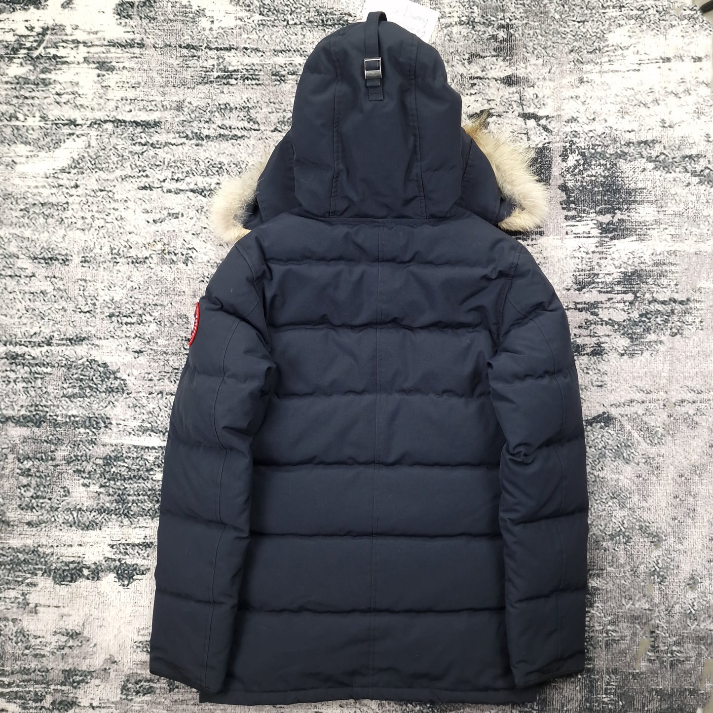 Back view of men's Canada Goose Carson Parka 3805MA Small in navy featuring Arctic Program patch, hip-length winter coat photographed on styled background