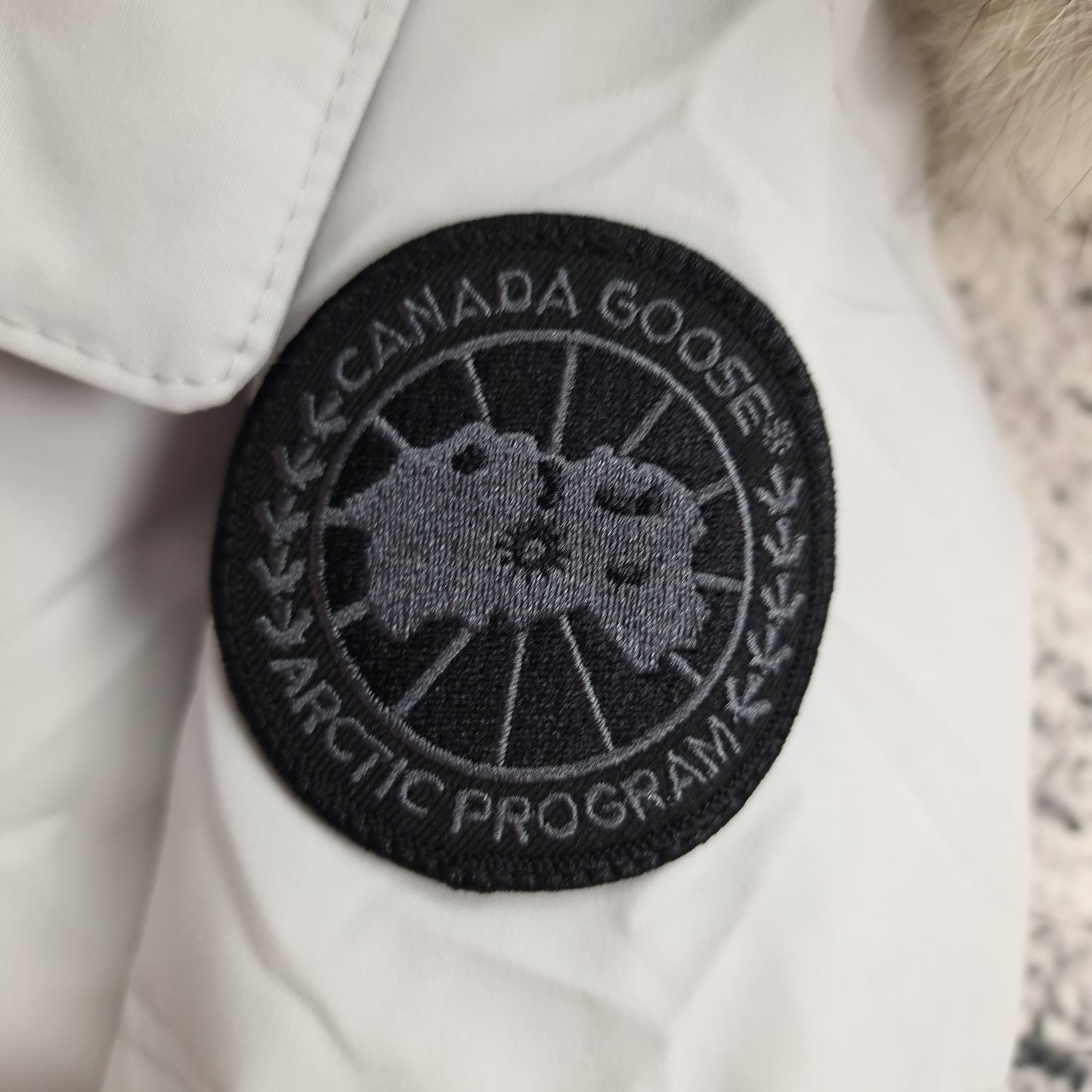 Close-up side view of Canada Goose Chelsea Parka Black Label showing authentic coyote fur hood trim and iconic Canada Goose Arctic Program badge, Silverbirch colorway 3804LB Medium