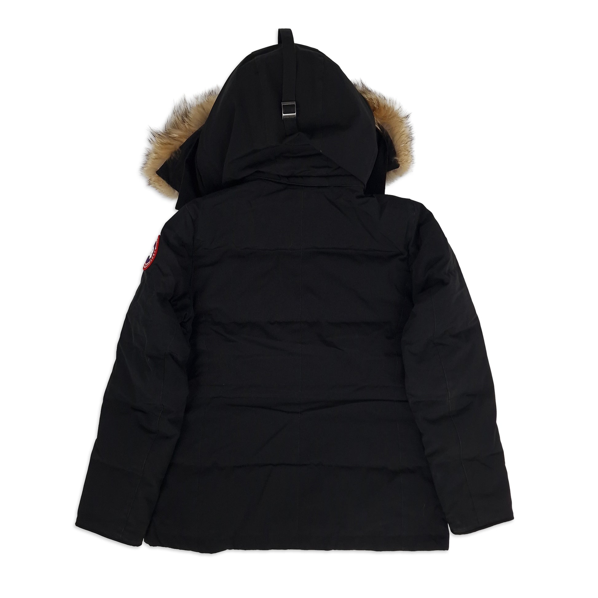 Back view of women's Canada Goose Chelsea Parka 3804LA Medium in black showing signature Arctic Program patch and hip-length cut, displayed on white background