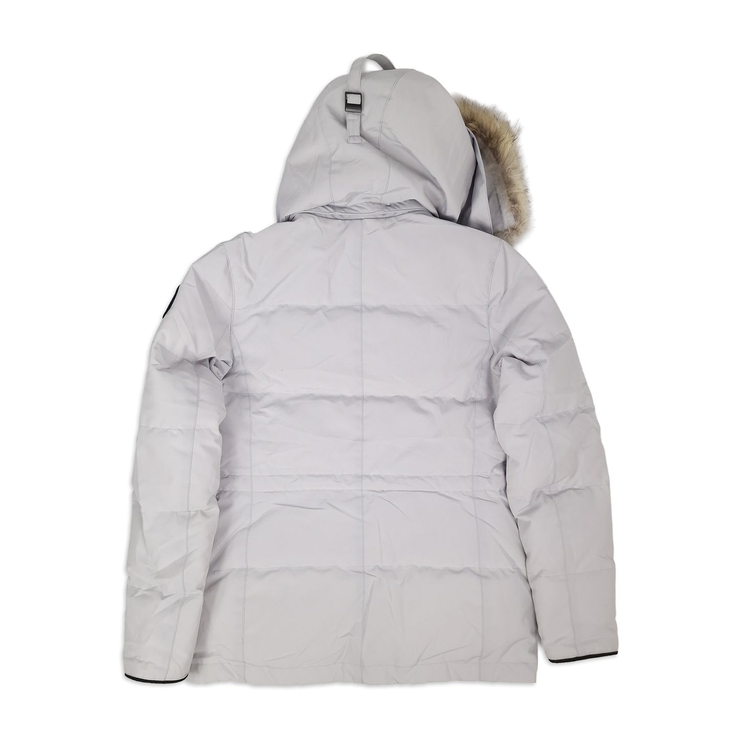 Back view of women's Canada Goose Chelsea Parka Black Label 3804LB Medium in Silverbirch showing signature Arctic Program patch and hip-length cut, displayed on white background