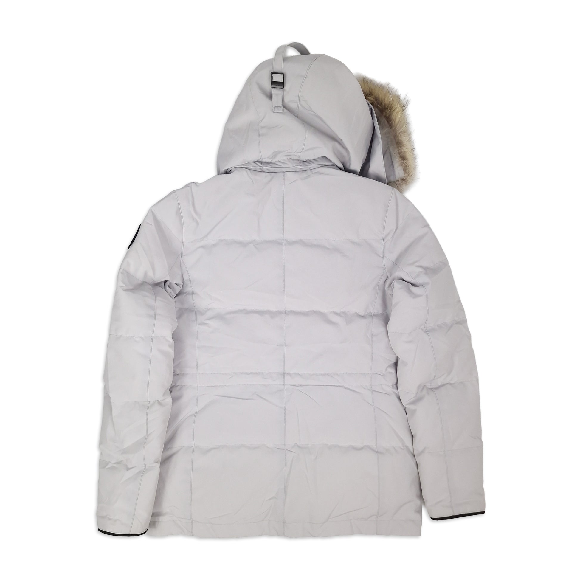 Back view of women's Canada Goose Chelsea Parka Black Label 3804LB Medium in Silverbirch showing signature Arctic Program patch and hip-length cut, displayed on white background