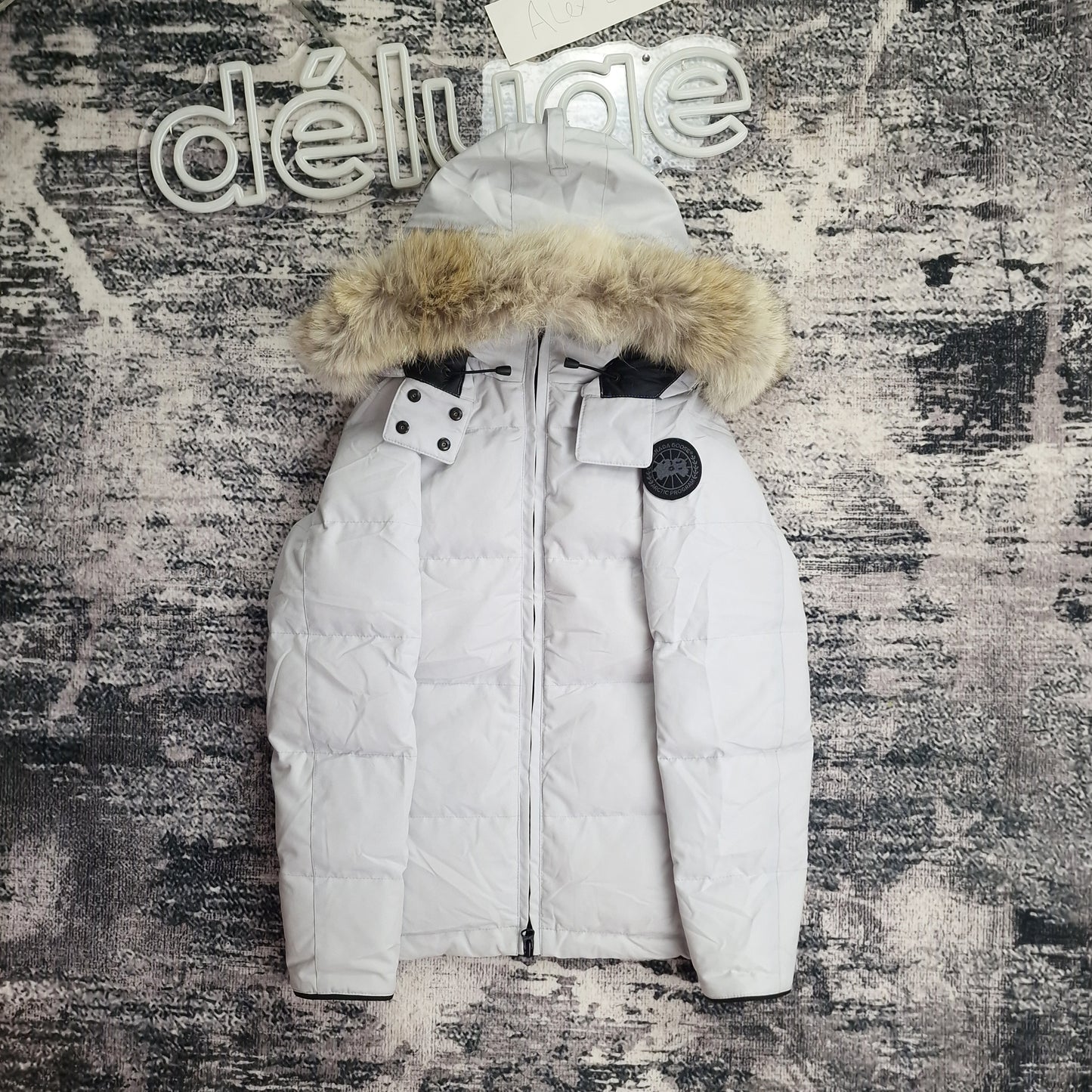Front view of women's Canada Goose Chelsea Parka Black Label 3804LB Medium in Silverbirch with coyote fur-trimmed hood, luxury winter coat photographed on styled background