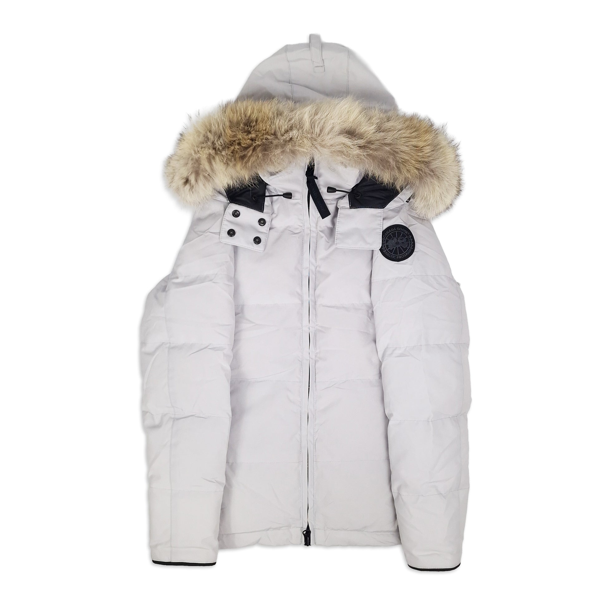 Front view of women's Canada Goose Chelsea Parka Black Label 3804LB size Medium in Silverbirch with coyote fur-trimmed hood, displayed on white background
