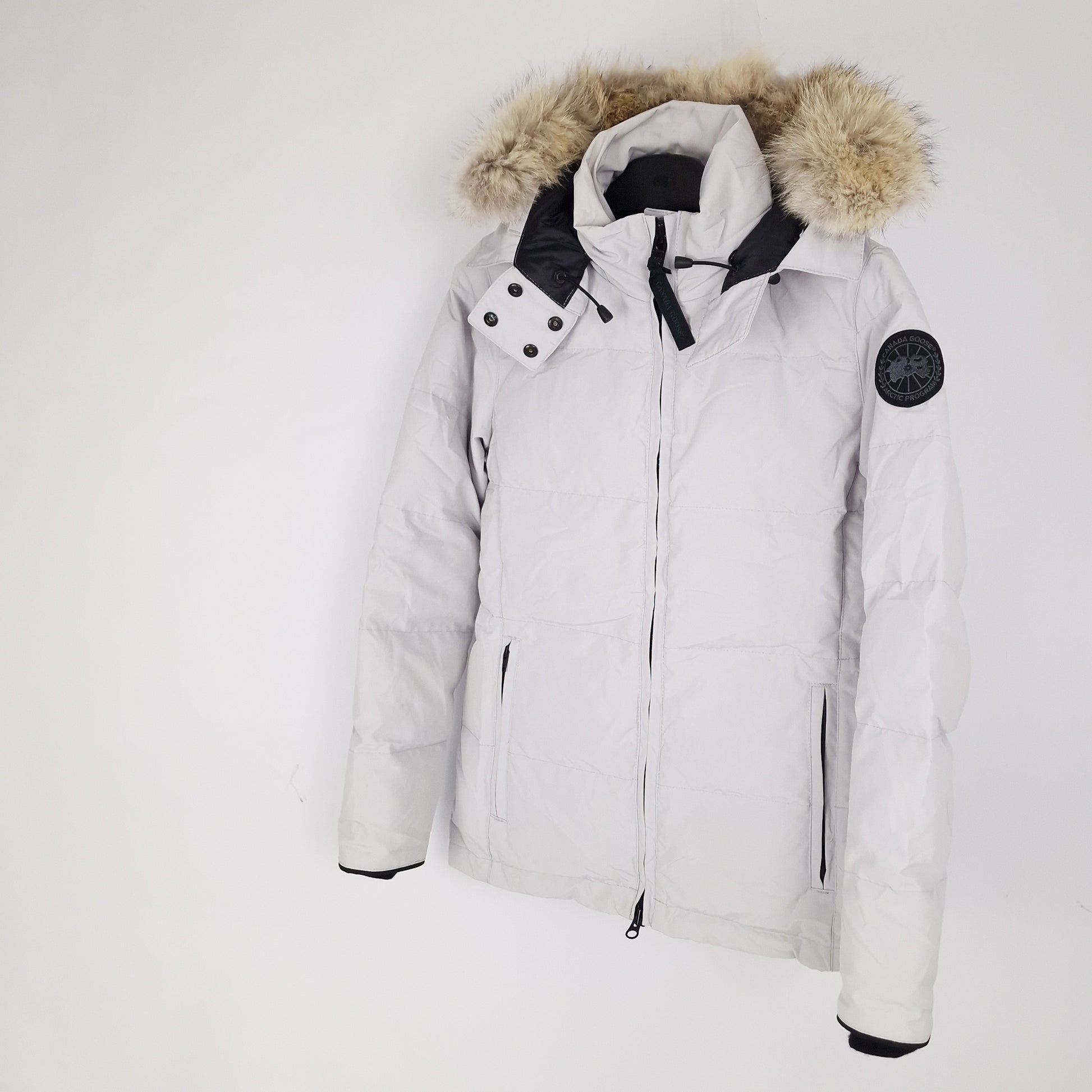 Professional product photo of Canada Goose Chelsea Parka Black Label in Silverbirch, women's luxury down-filled winter coat with fur hood, style 3804LB Medium, full jacket view