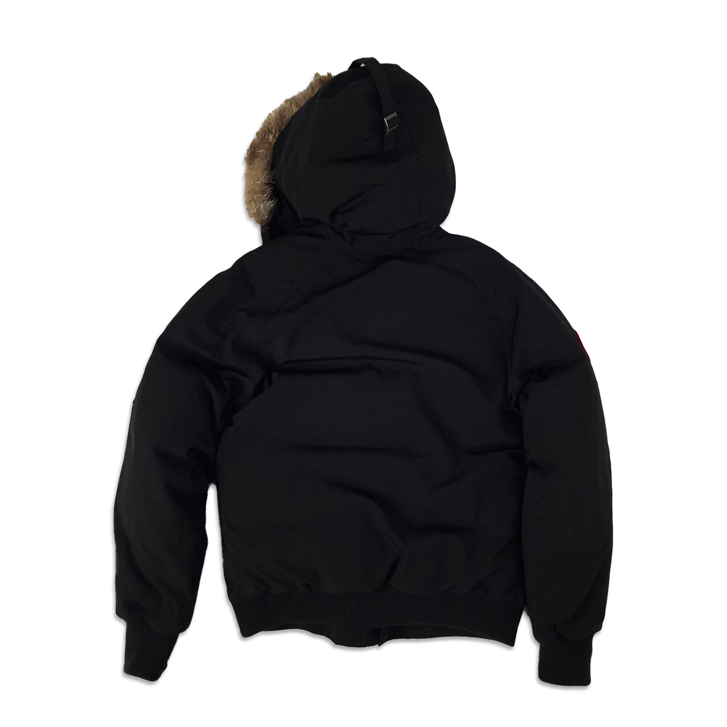 Back view of men's Canada Goose Chilliwack Bomber 7950M Small in black featuring Arctic Program patch, bomber-style winter jacket photographed on styled background