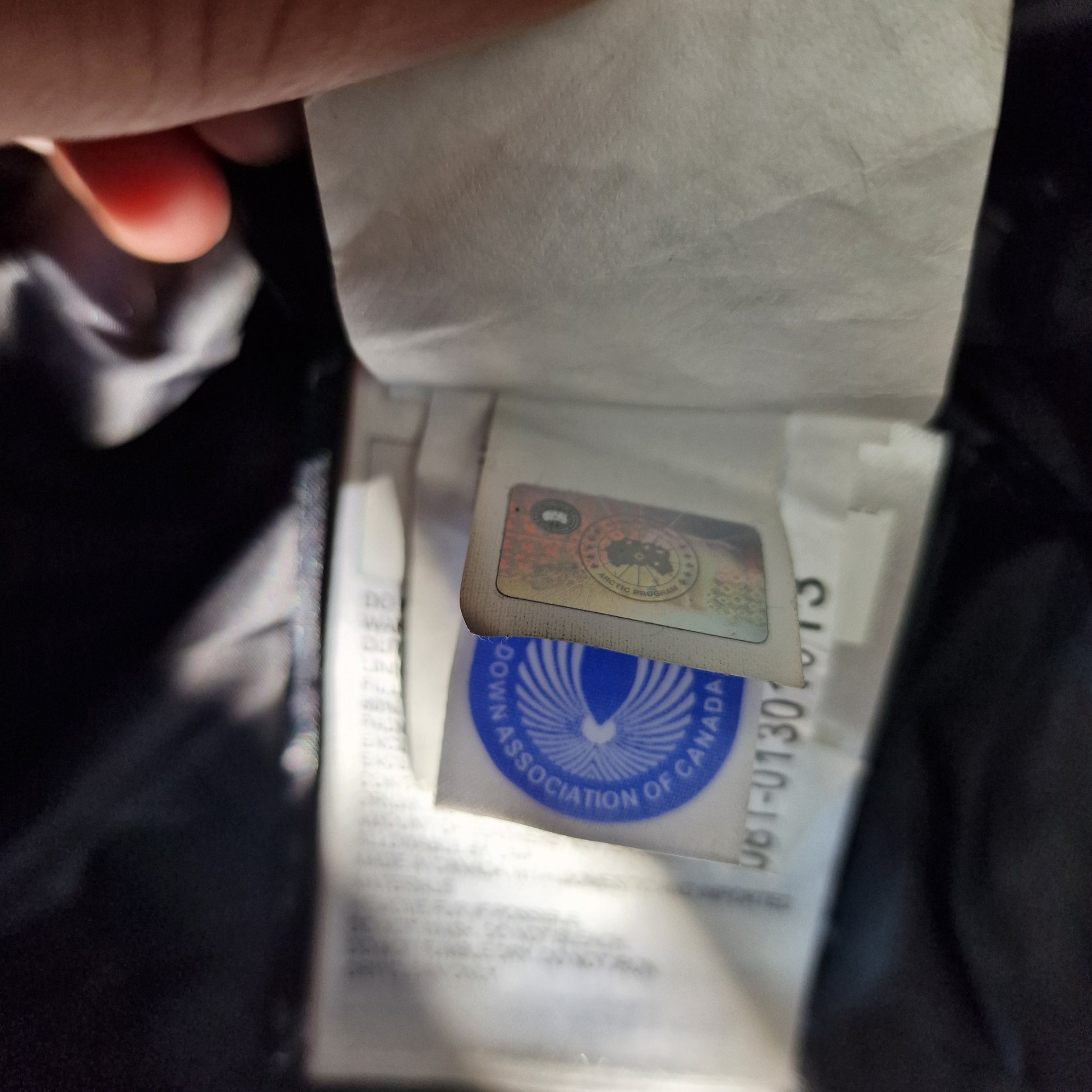 Close-up of Canada Goose authenticity hologram on Shelburne Parka Black Label 3802LB, verification label confirming genuine women's Small black luxury winter coat
