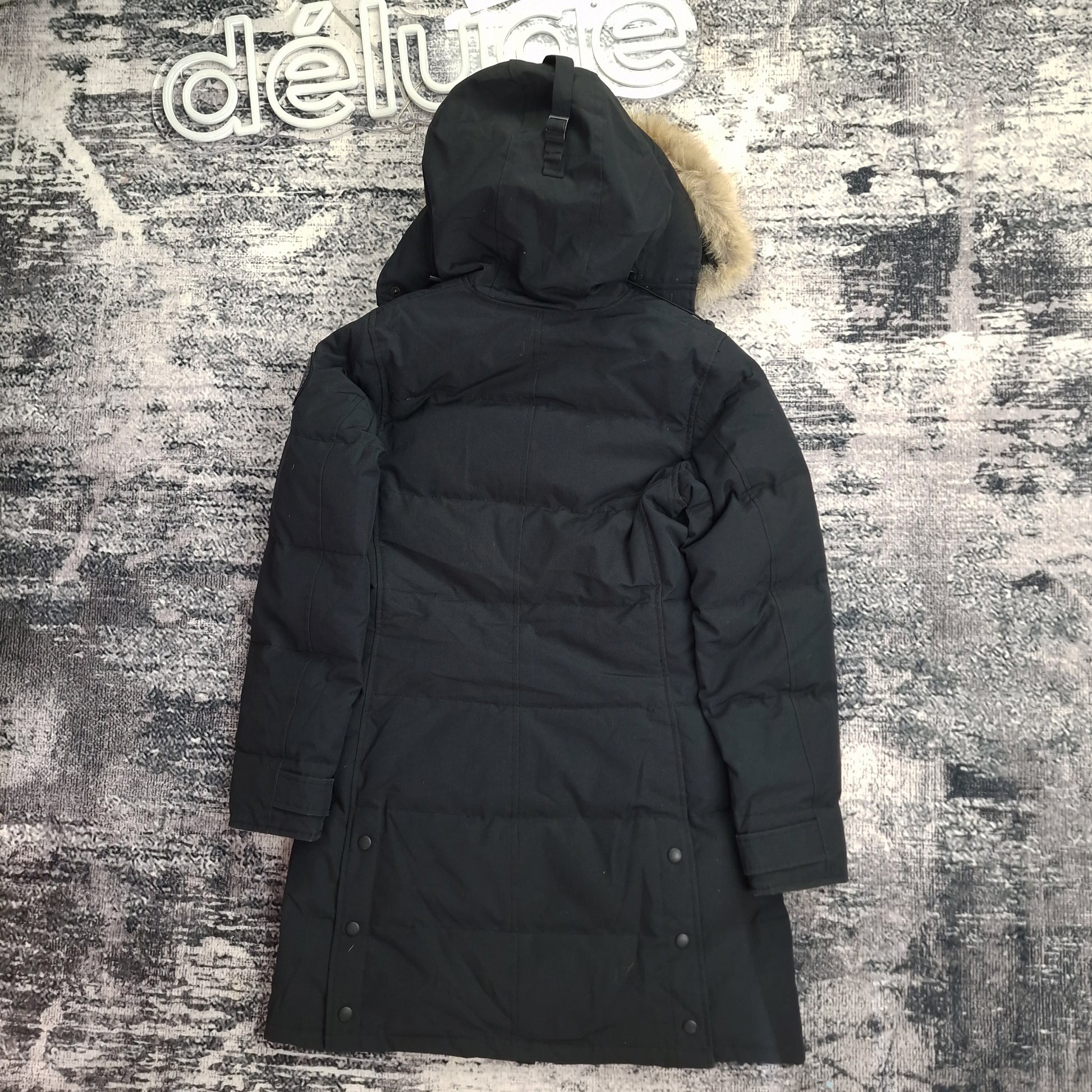 Back view of women's Canada Goose Shelburne Parka Black Label 3802LB Small in black featuring Arctic Program patch, luxury winter coat photographed on styled background