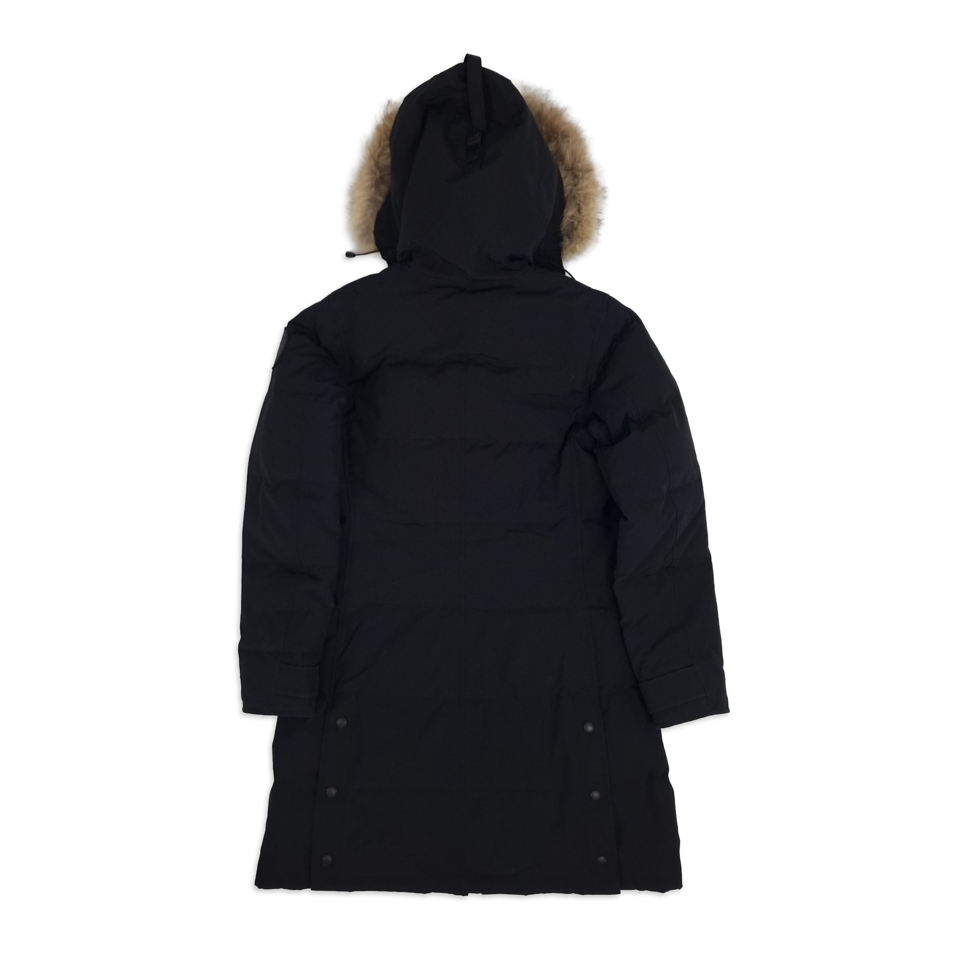 Back view of women's Canada Goose Shelburne Parka Black Label 3802LB Small in black showing signature Arctic Program patch and tailored fit, displayed on white background
