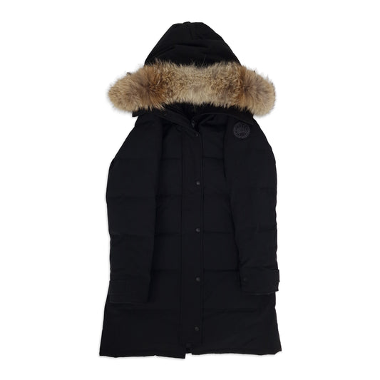 Front view of women's Canada Goose Shelburne Parka Black Label 3802LB size Small in classic black with coyote fur-trimmed hood, displayed on white background