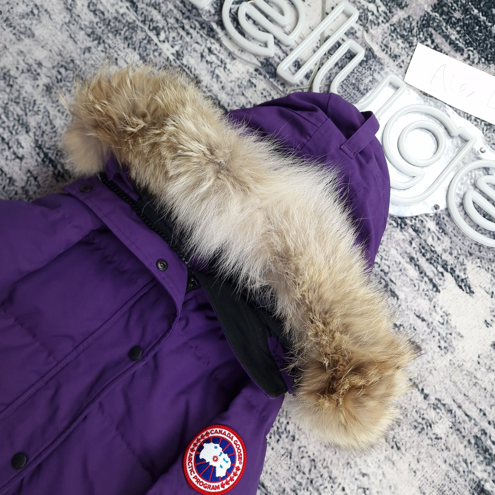 Close-up side view of Canada Goose Shelburne Parka showing authentic coyote fur hood trim and iconic Canada Goose Arctic Program badge detail, Purple Arctic Disk colorway 3802L