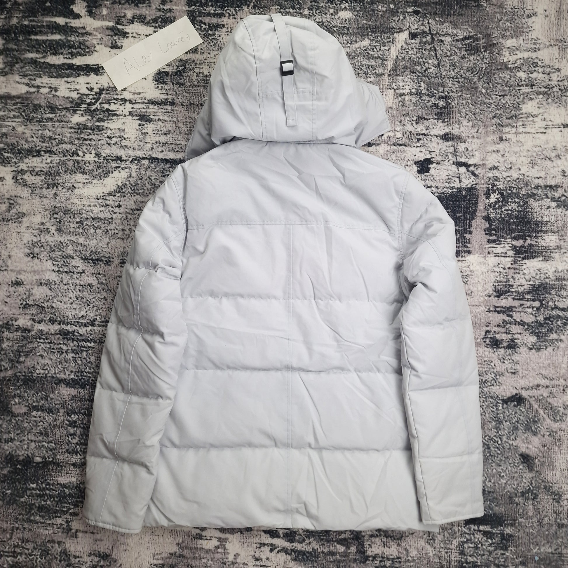 Back view of men's Canada Goose Wyndham Parka Black Label 3808MB Medium in Silverbirch showing signature Arctic Program patch and slim-fit silhouette
