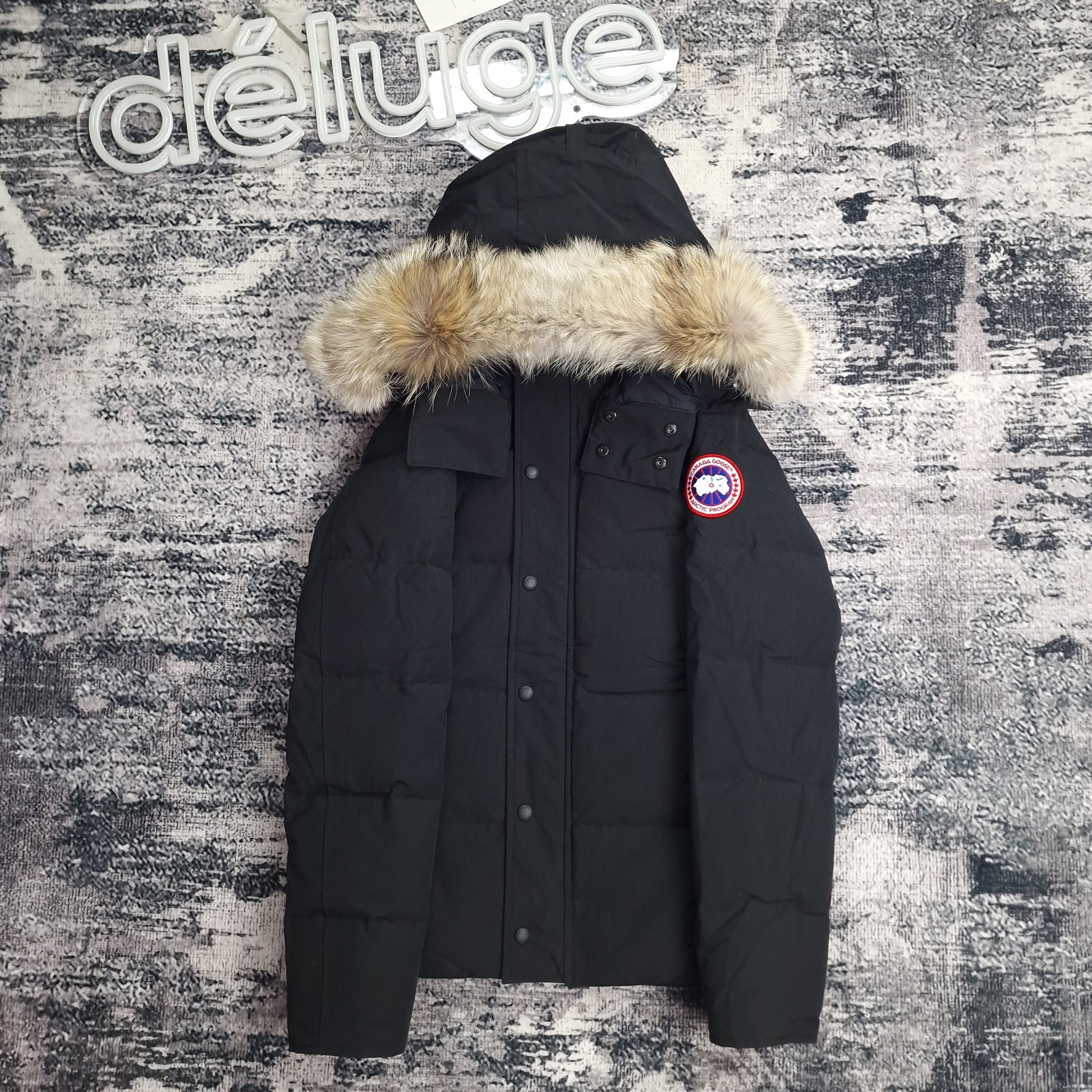 Front view of men's Canada Goose Wyndham Parka 3808MA XS in black with coyote fur-trimmed hood, luxury winter coat photographed on styled background