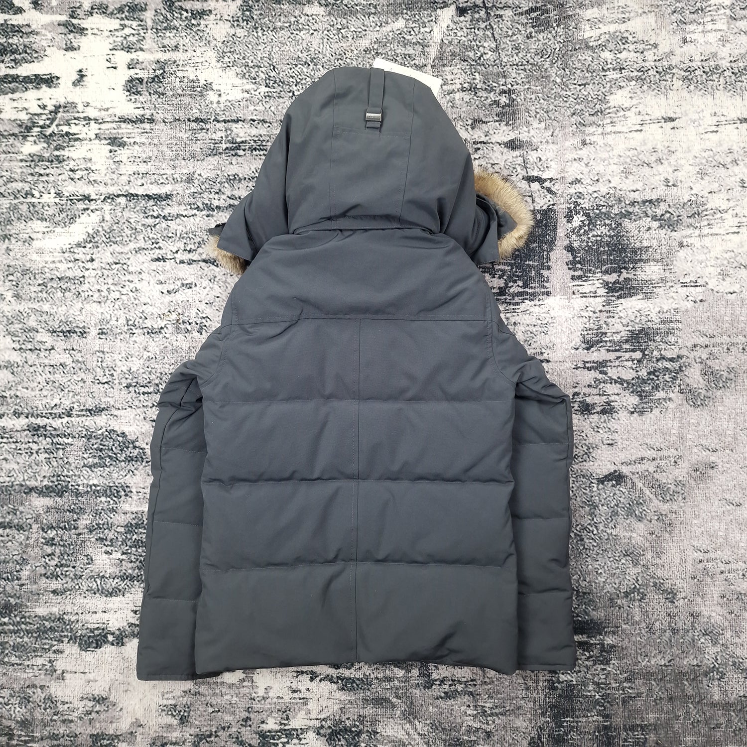 Back view of men's Canada Goose Wyndham Parka 3808MA XS in Graphite grey featuring Arctic Program patch, slim-fit winter coat photographed on styled background