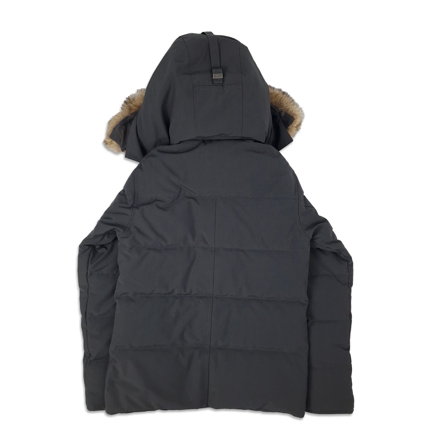 Back view of men's Canada Goose Wyndham Parka 3808MA XS in Graphite grey showing signature Arctic Program patch and slim-fit silhouette, displayed on white background