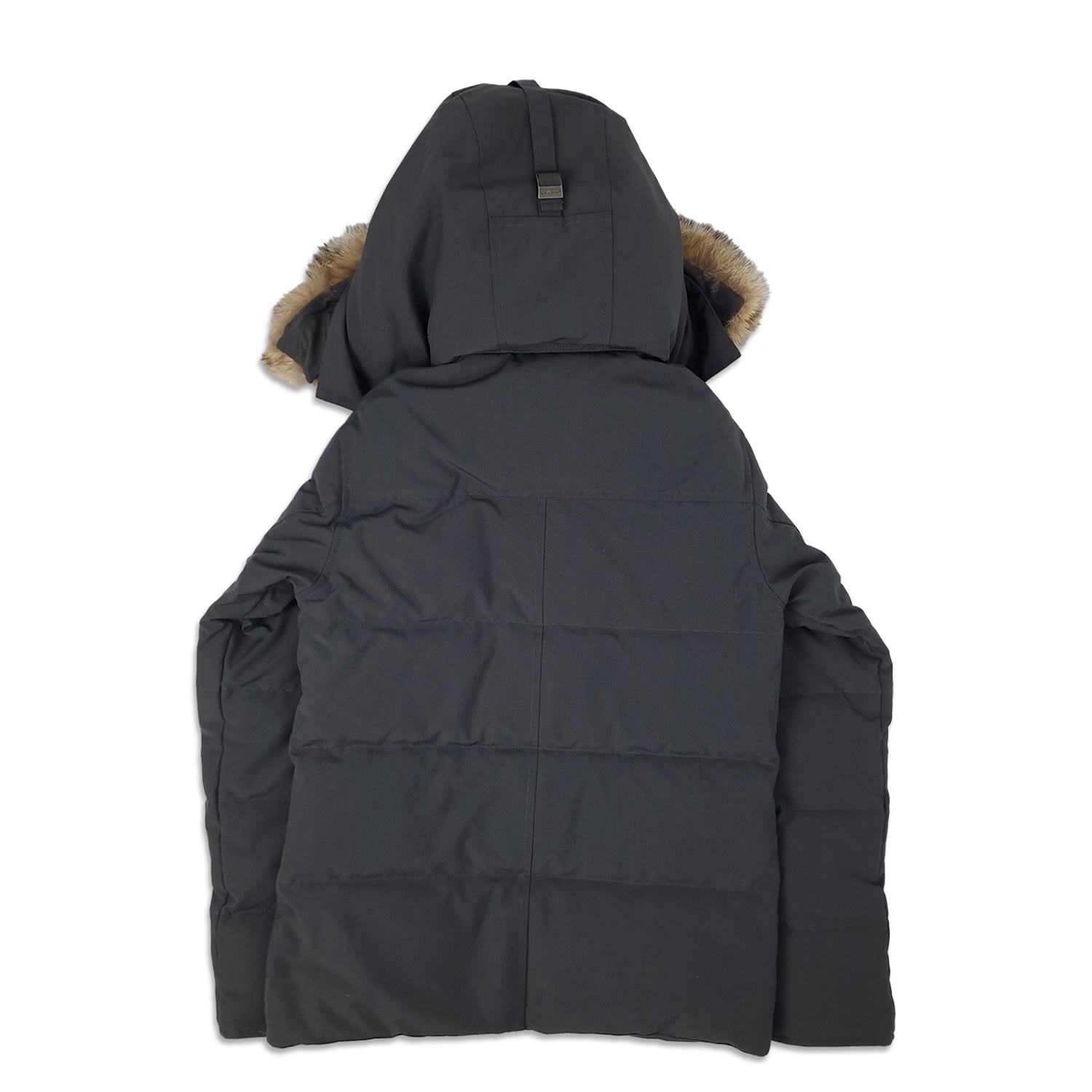 Back view of men's Canada Goose Wyndham Parka 3808MA XS in Graphite grey showing signature Arctic Program patch and slim-fit silhouette, displayed on white background