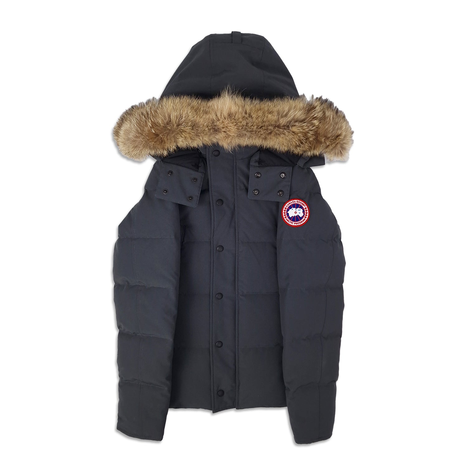 Front view of men's Canada Goose Wyndham Parka 3808MA size XS in Graphite grey with coyote fur-trimmed hood, displayed on white background