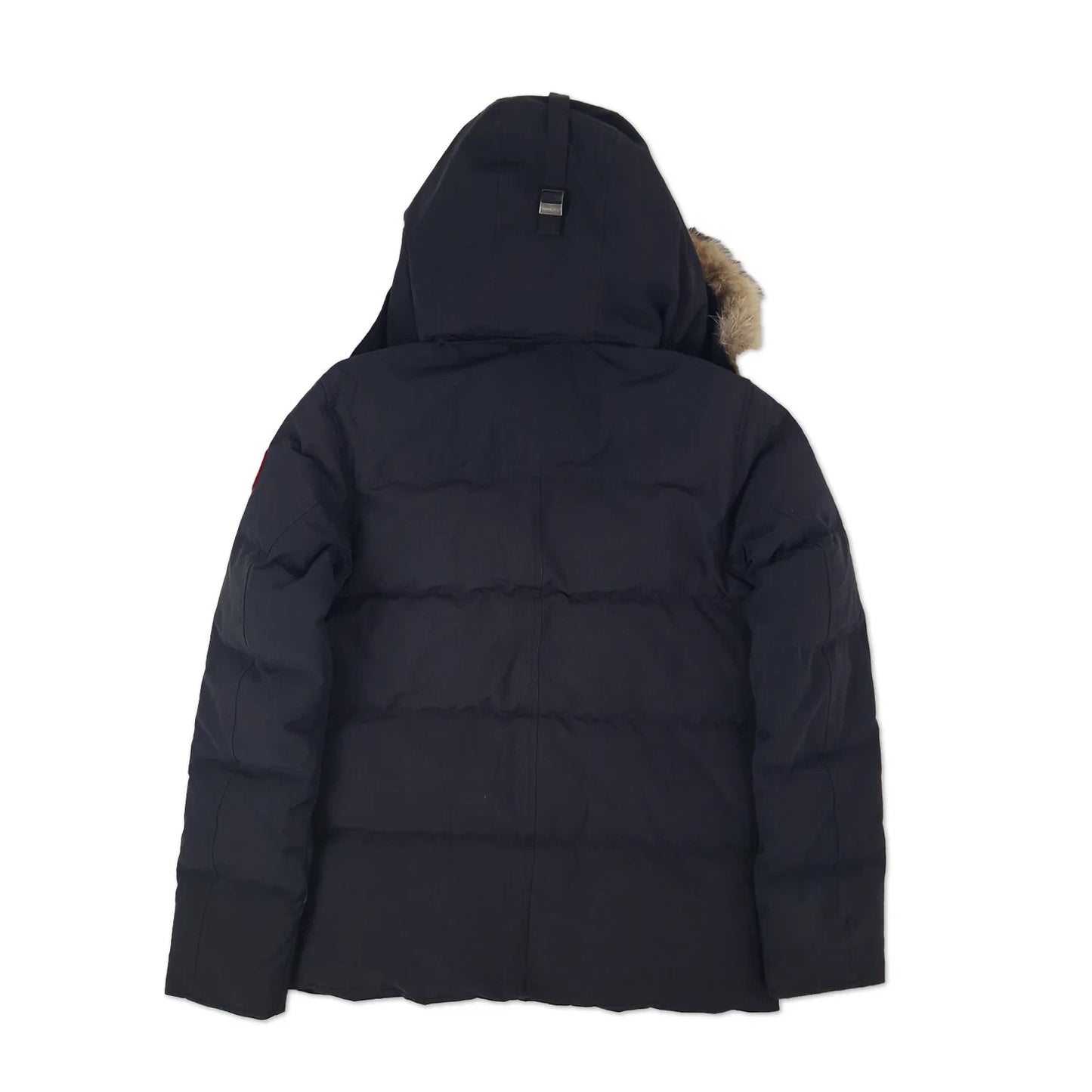 Back view of men's Canada Goose Wyndham Parka 3808MA Large in navy showing signature Arctic Program patch and slim-fit silhouette, displayed on white background