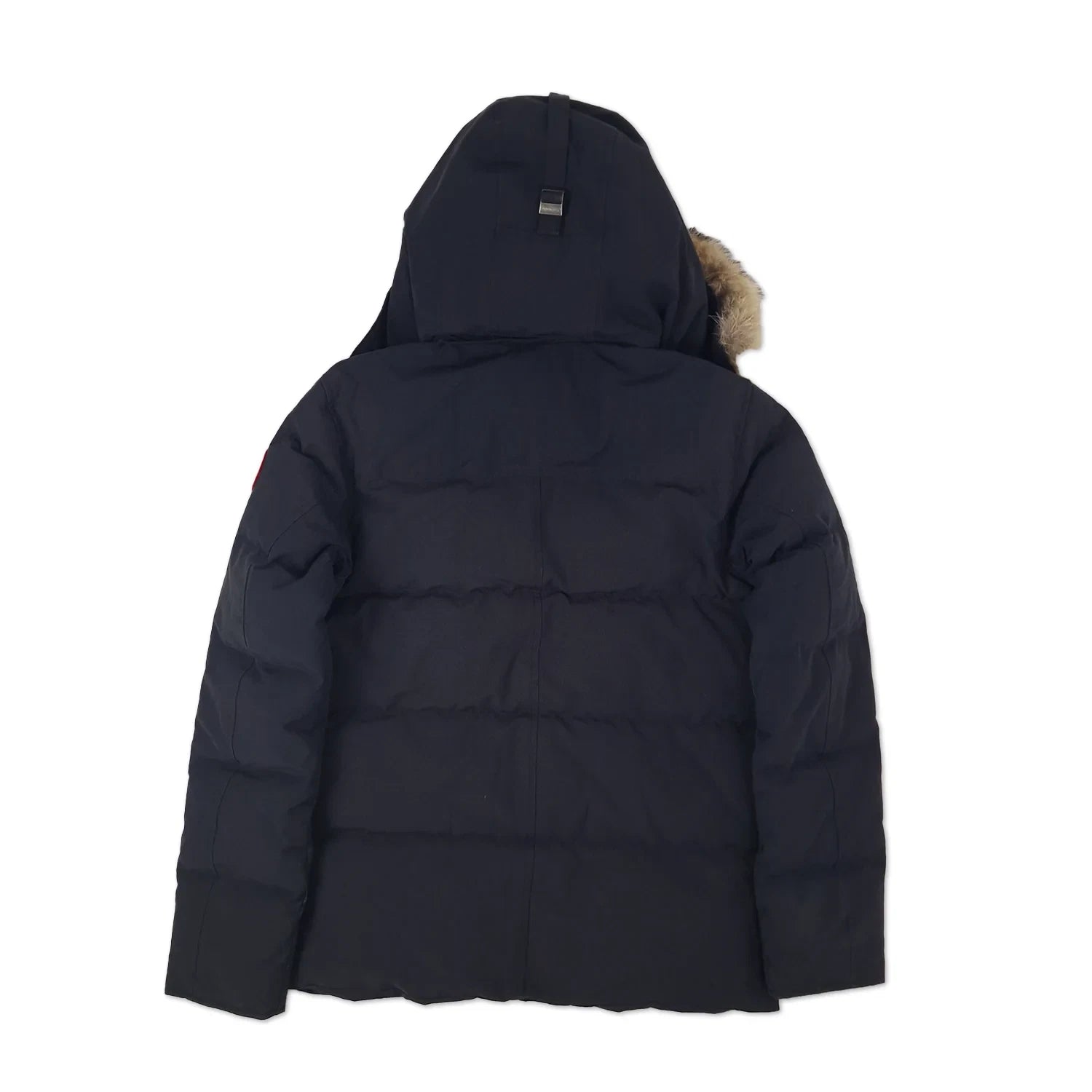 Back view of men's Canada Goose Wyndham Parka 3808MA Large in navy showing signature Arctic Program patch and slim-fit silhouette, displayed on white background