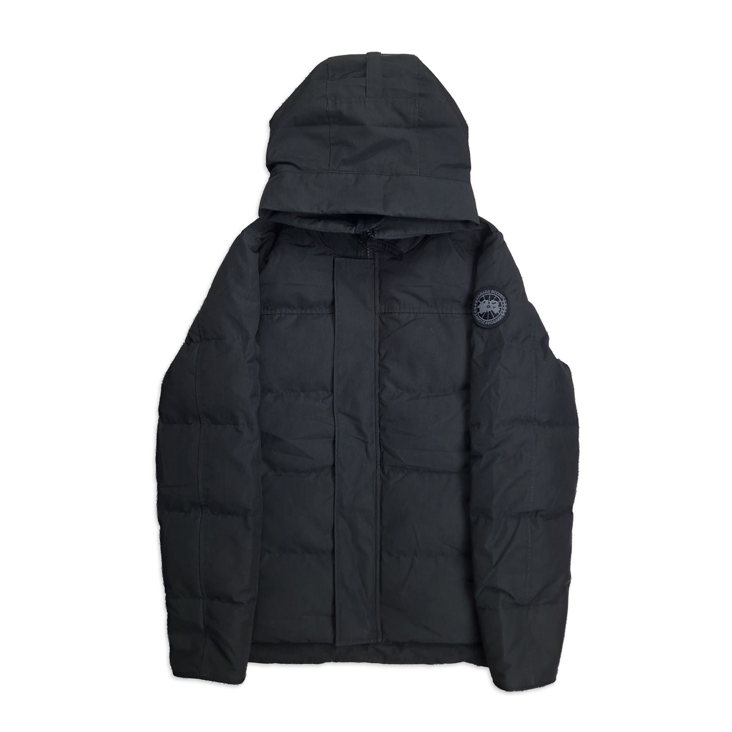 Front view of men's Canada Goose Macmillan Black Label 2080MB with prominent hood, size small in black, featuring signature down insulation and weather protection