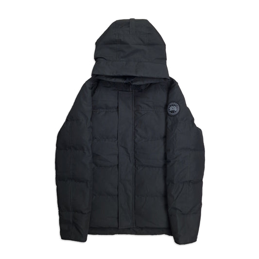 Front view of men's Canada Goose Macmillan Black Label 2080MB with prominent hood, size small in black, featuring signature down insulation and weather protection