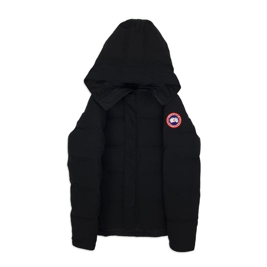 Front angle view of men's Canada Goose Macmillan Parka 3804MA in black, size small, showcasing premium down insulation and weather-resistant exterior