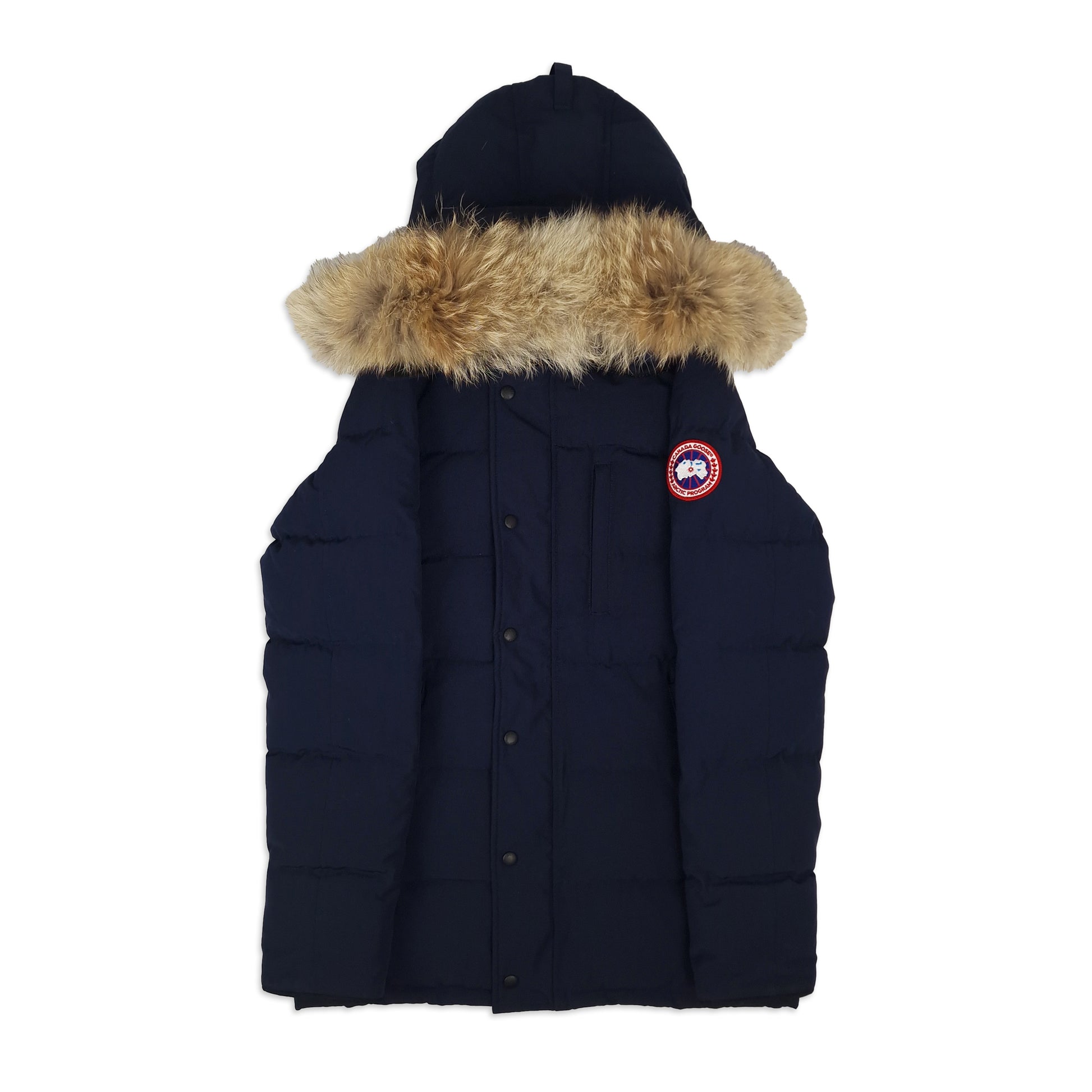 Front view of Canada Goose Carson Parka 3805MA men's medium featuring coyote fur hood, Arctic badge, and Heritage Admiral Blue color