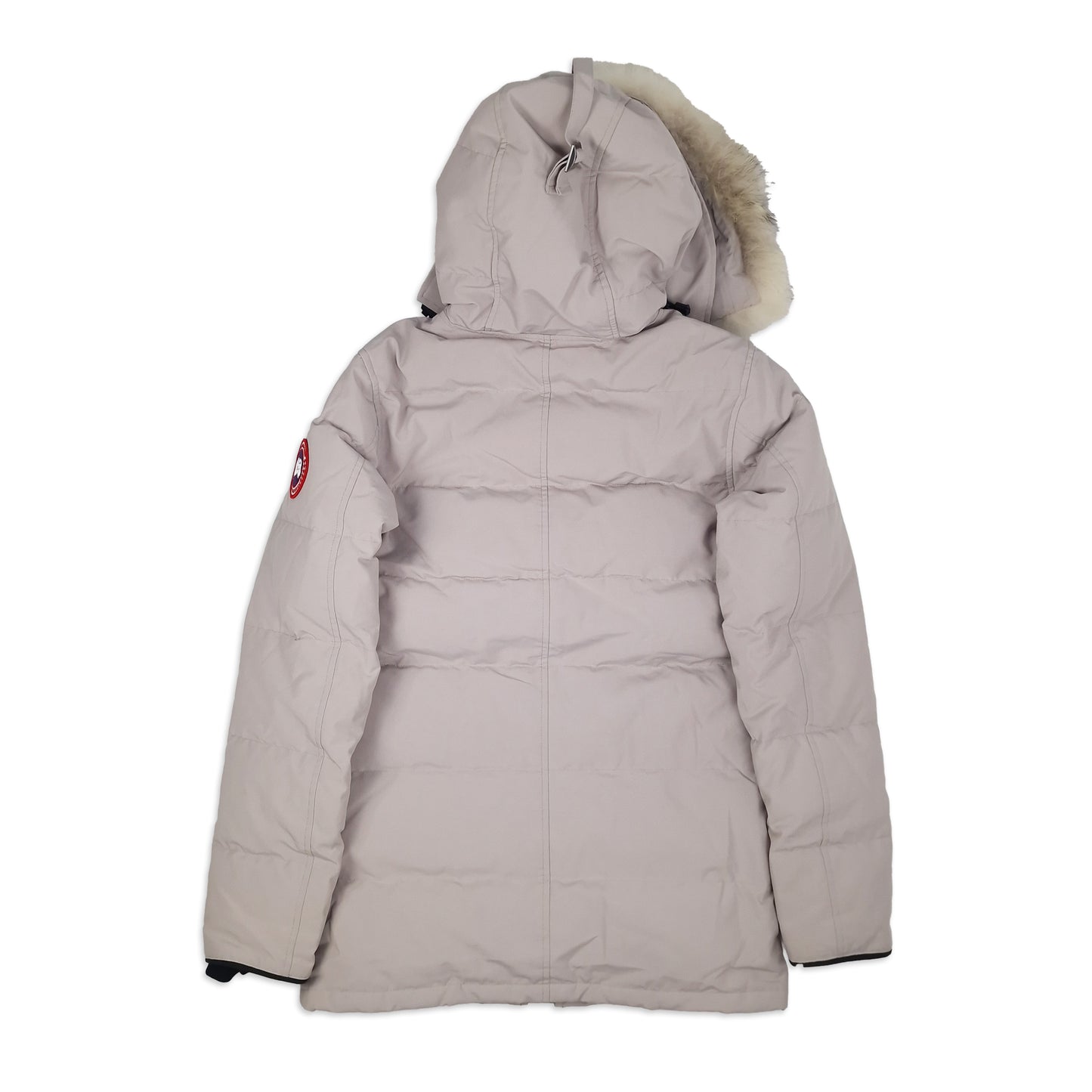 Back view of Canada Goose Carson Parka 3805M men's small in limestone showing fur-trimmed hood and quilted construction