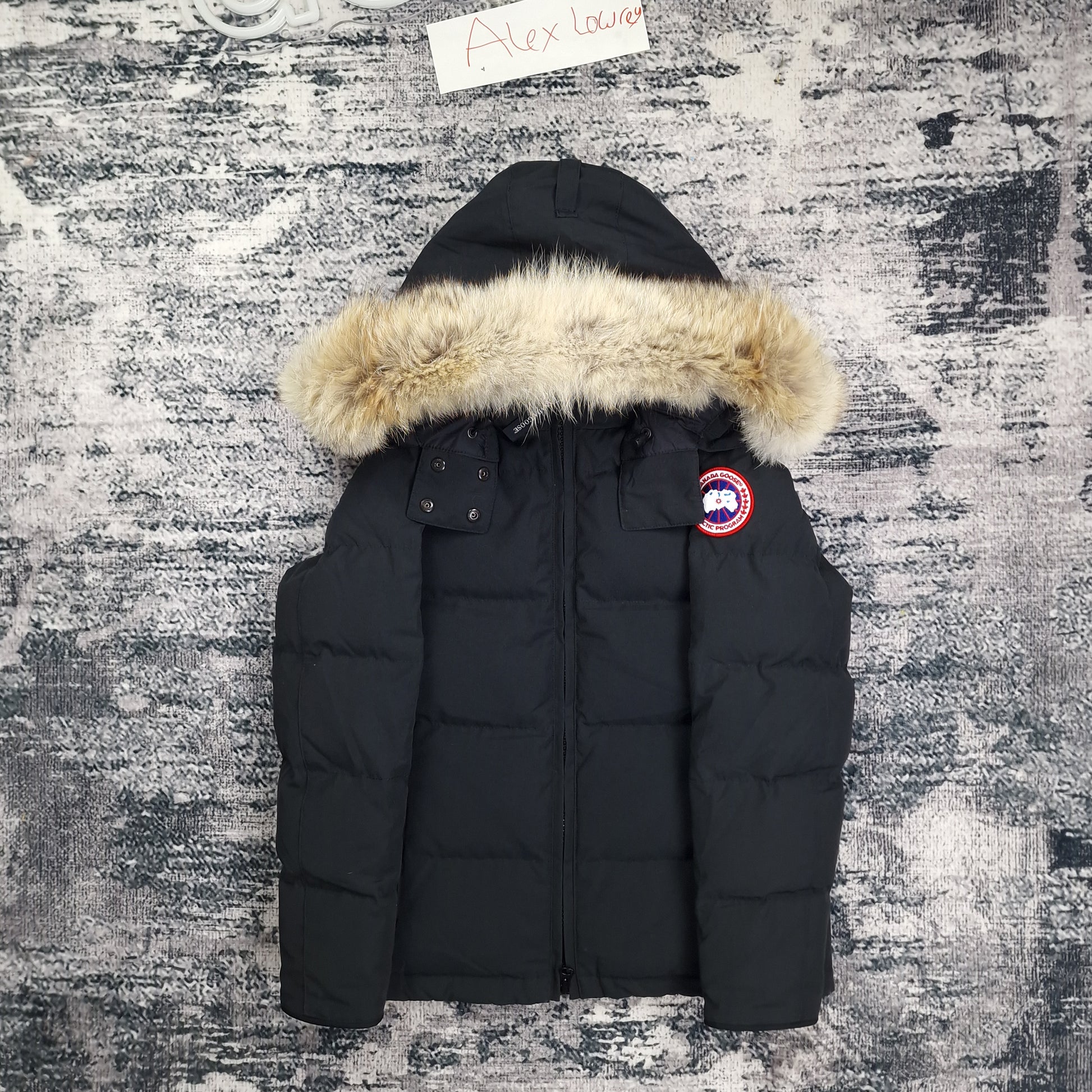 Front flat lay of Canada Goose Chelsea Parka 3804LA women's small featuring coyote fur hood, chest pockets, and Arctic badge