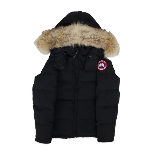Front view of Canada Goose Chelsea Parka 3804LA women's small in Heritage Black with fur hood and Arctic Program badge
