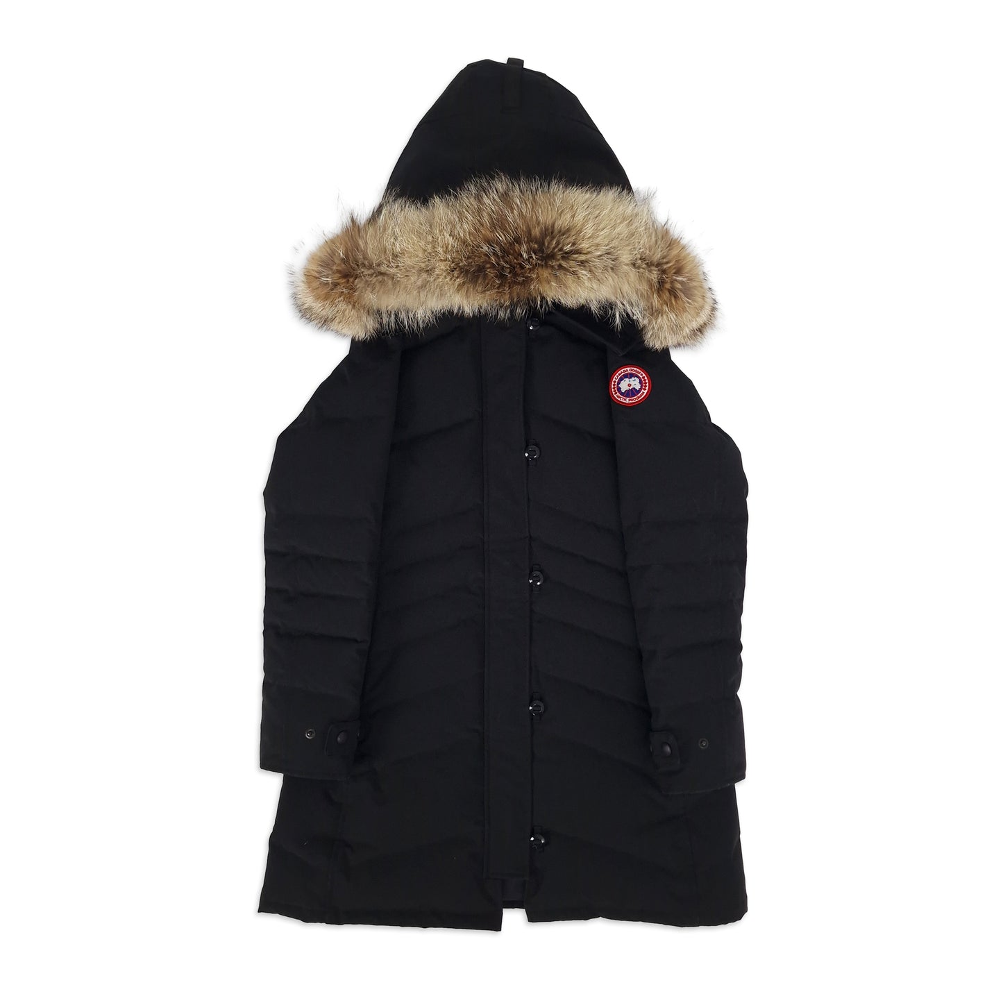 Front view of black Canada Goose Lorette Parka women's medium featuring fur hood, Arctic disc badge, and button closure