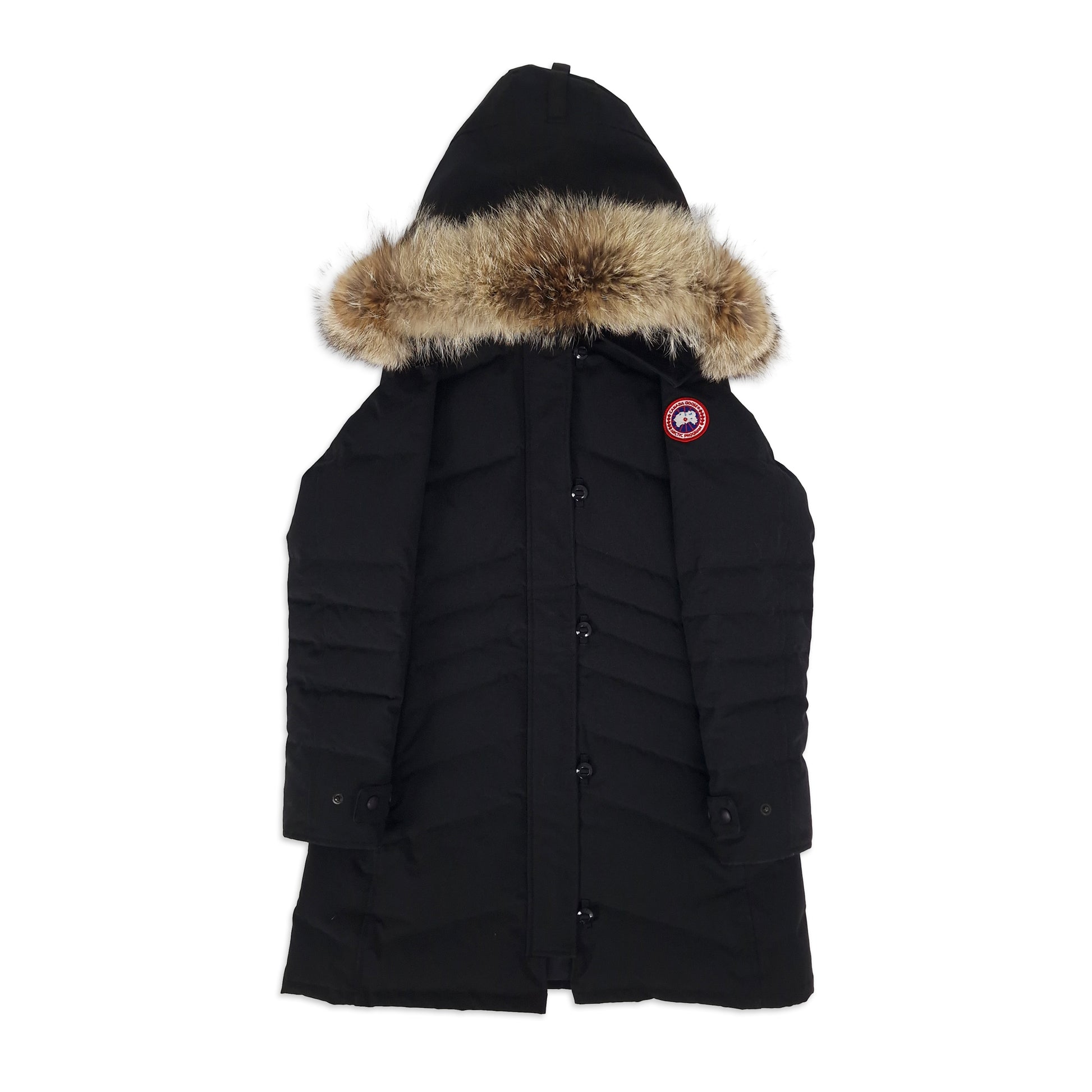 Front view of black Canada Goose Lorette Parka women's medium featuring fur hood, Arctic disc badge, and button closure
