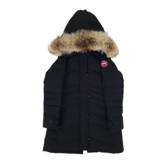 Front view of black Canada Goose Lorette Parka women's medium featuring fur hood, Arctic disc badge, and button closure