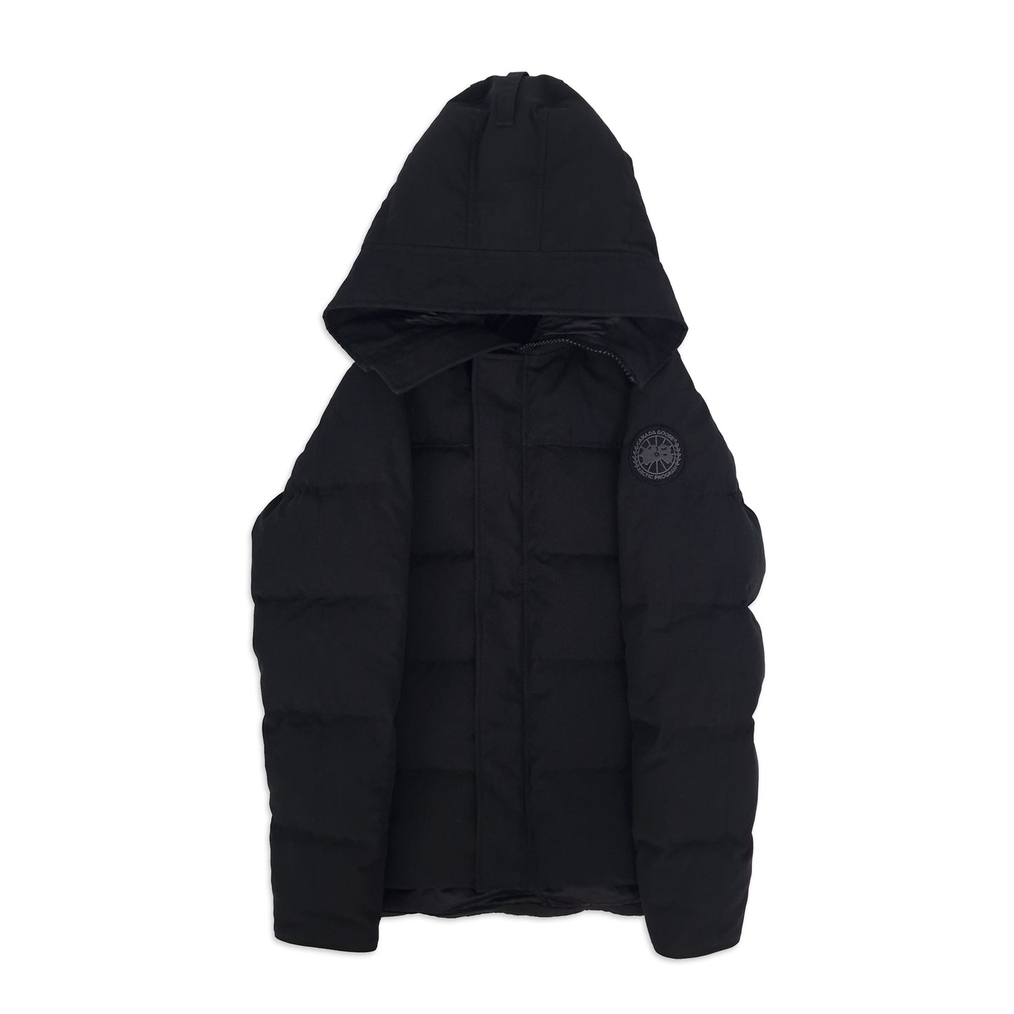 Front product photo of Canada Goose Macmillan Black Label Parka men's medium in black with tonal Arctic badge and premium finish