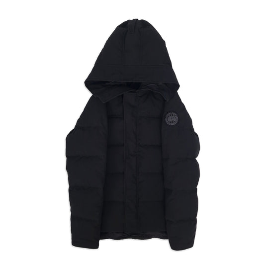 Front product photo of Canada Goose Macmillan Black Label Parka men's medium in black with tonal Arctic badge and premium finish