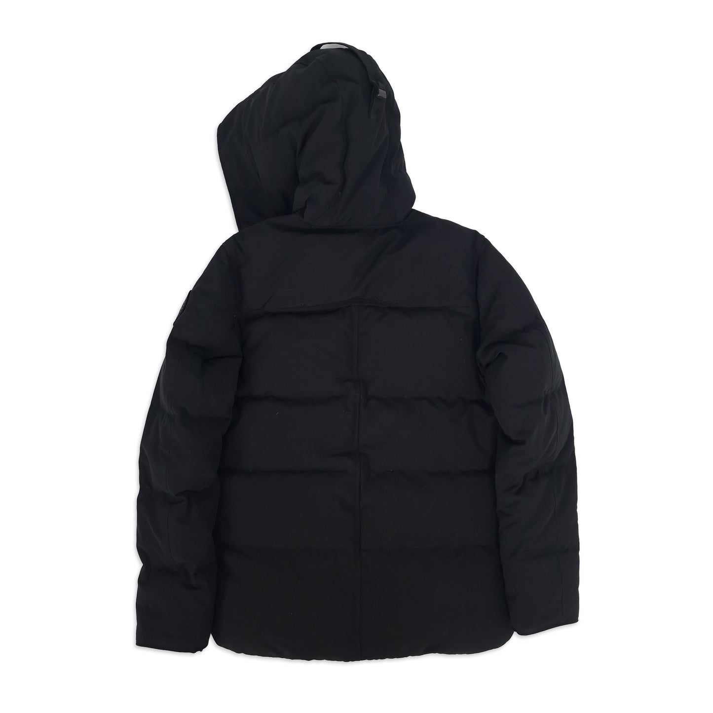 Rear view of Canada Goose Macmillan Black Label Parka men's medium in black displaying premium quilted design and hood detail