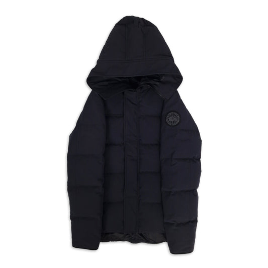 Canada Goose Macmillan Black Label Parka Navy XS men's front view at DelugeStore. Premium down-filled luxury winter jacket with sleek black badge detail. Authentic Arctic-rated outerwear. Shop now.
