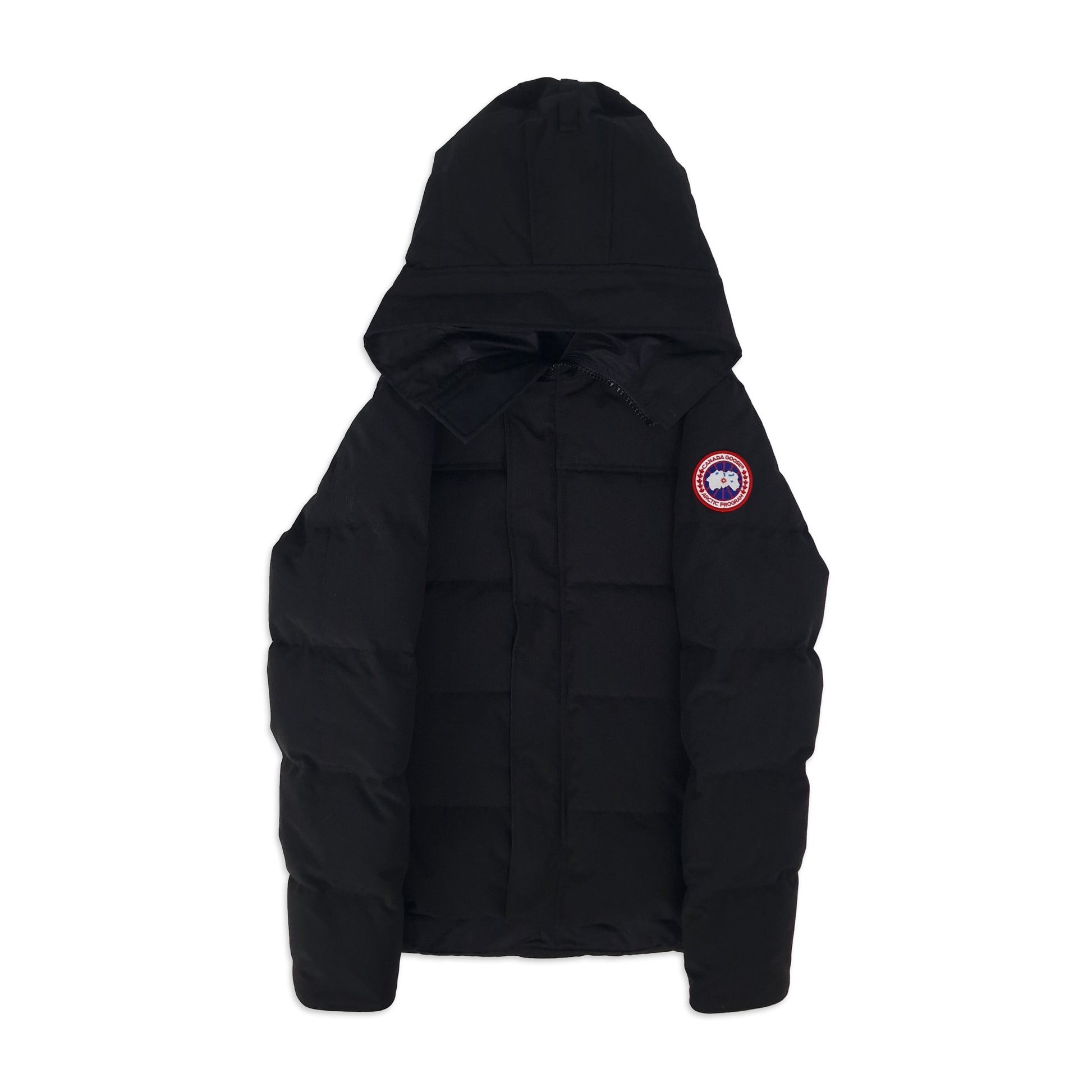 Front view of Canada Goose Macmillan Parka men's large in black featuring hood, Arctic badge, and premium quilted design