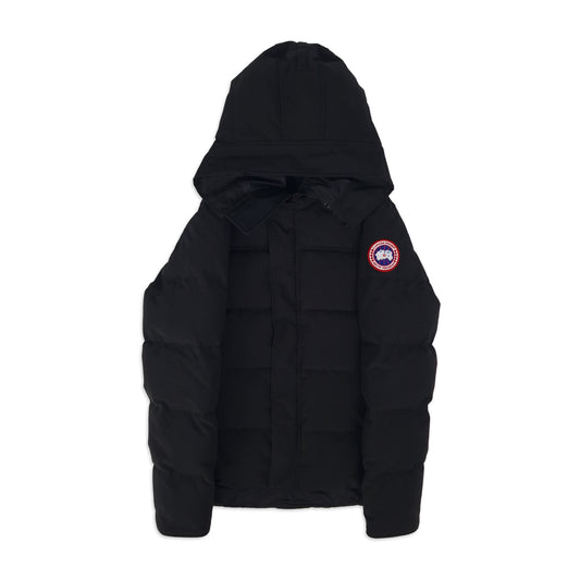 Front view of Canada Goose Macmillan Parka men's large in black featuring hood, Arctic badge, and premium quilted design