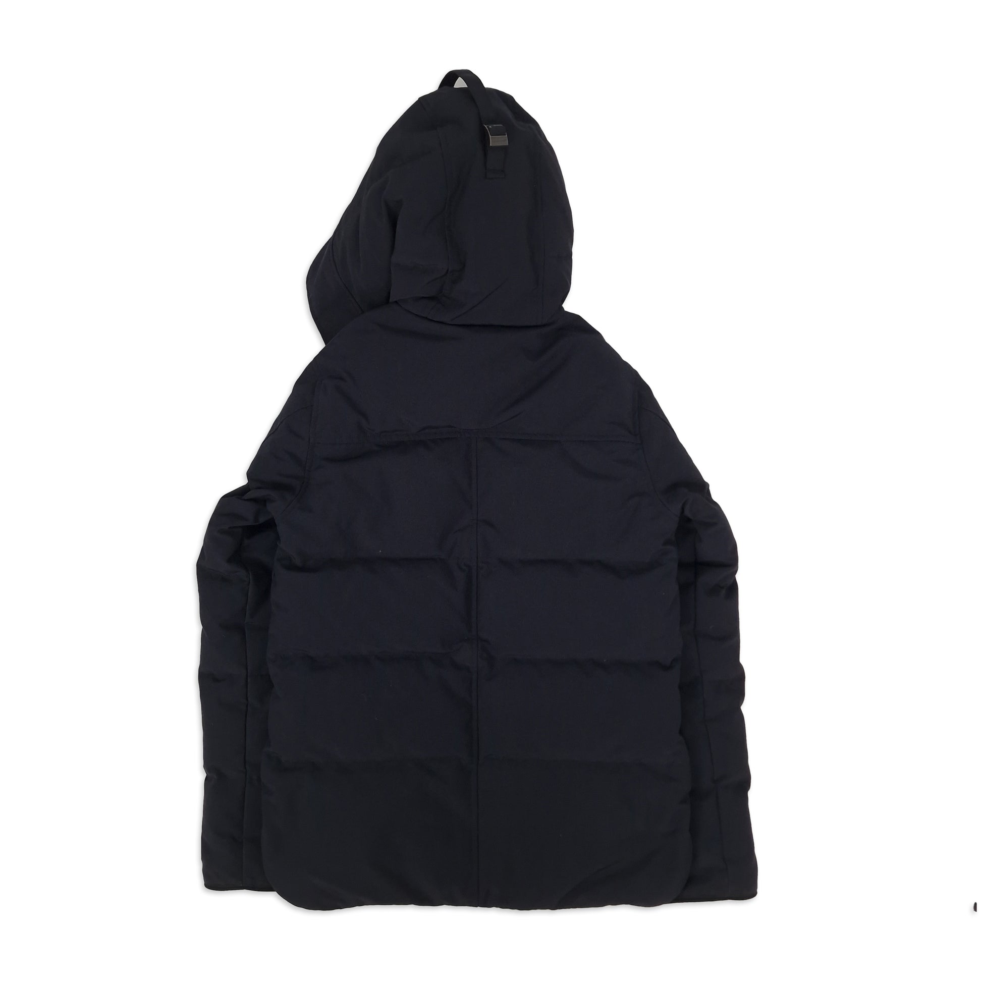 Back view of navy Canada Goose Macmillan Parka men's XS displaying quilted channels and hood detail on white background