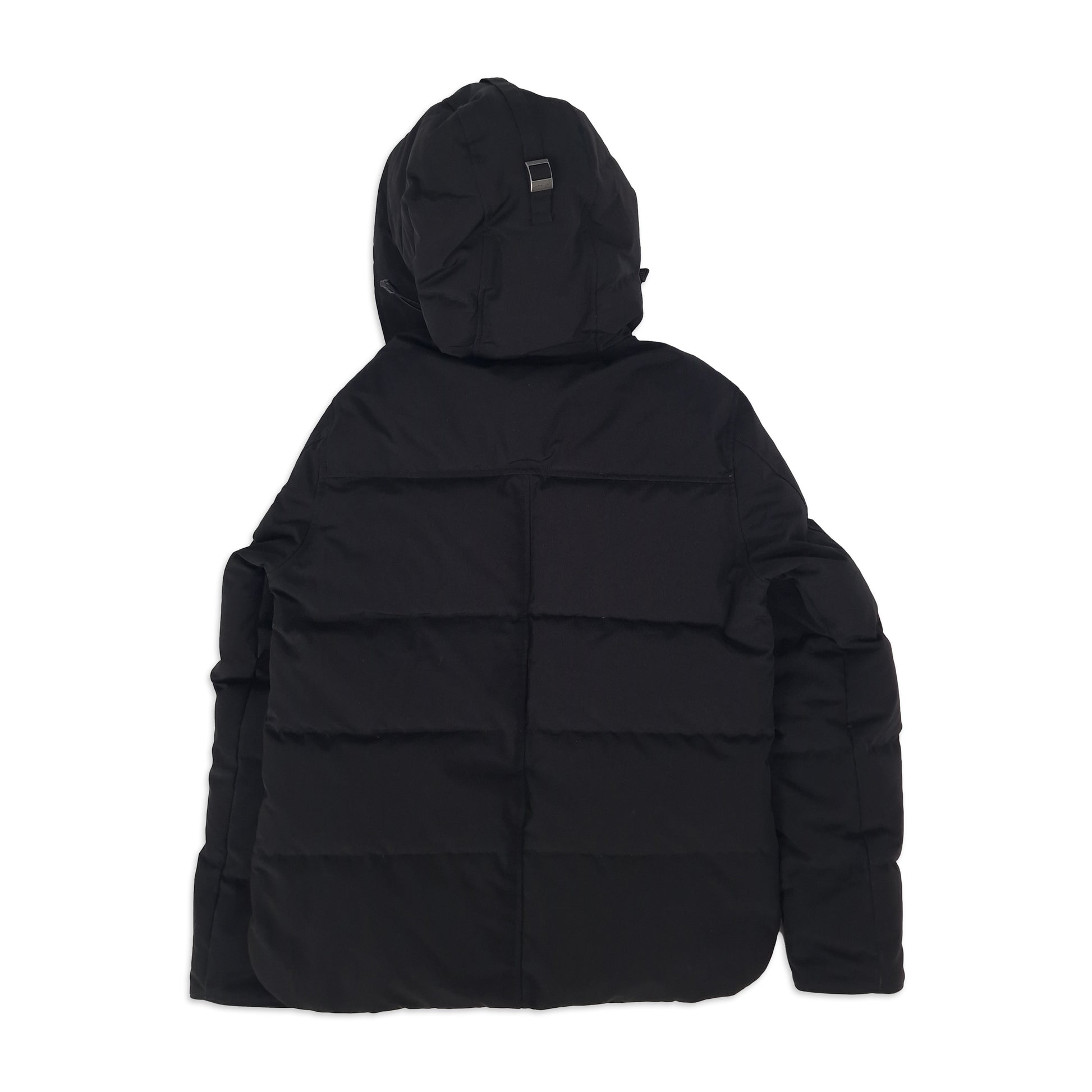 Back view of black Canada Goose Macmillan Parka 3804MA men's size large showing quilted down construction and hood