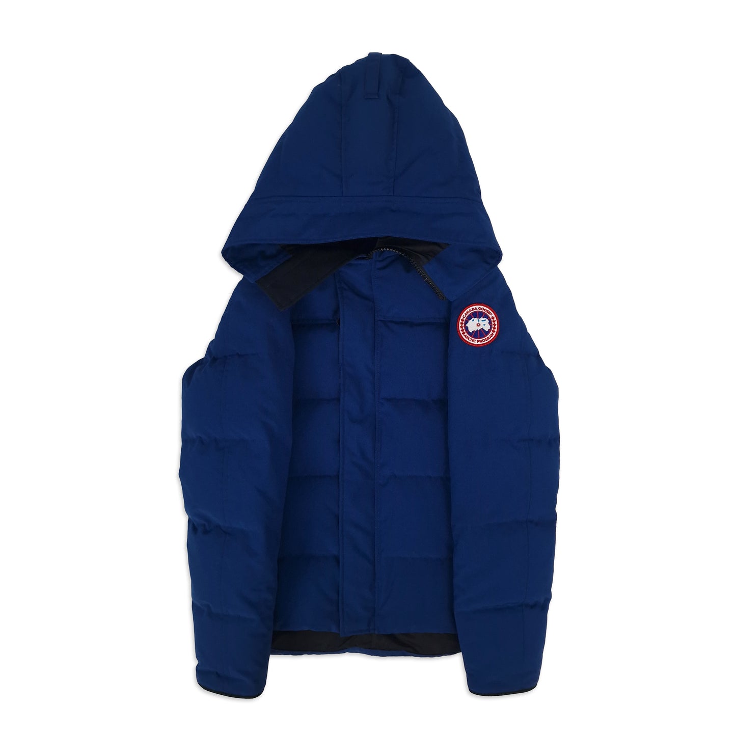 Front view of Canada Goose Macmillan Parka in Northern Night blue men's size medium featuring hood and Arctic Program patch