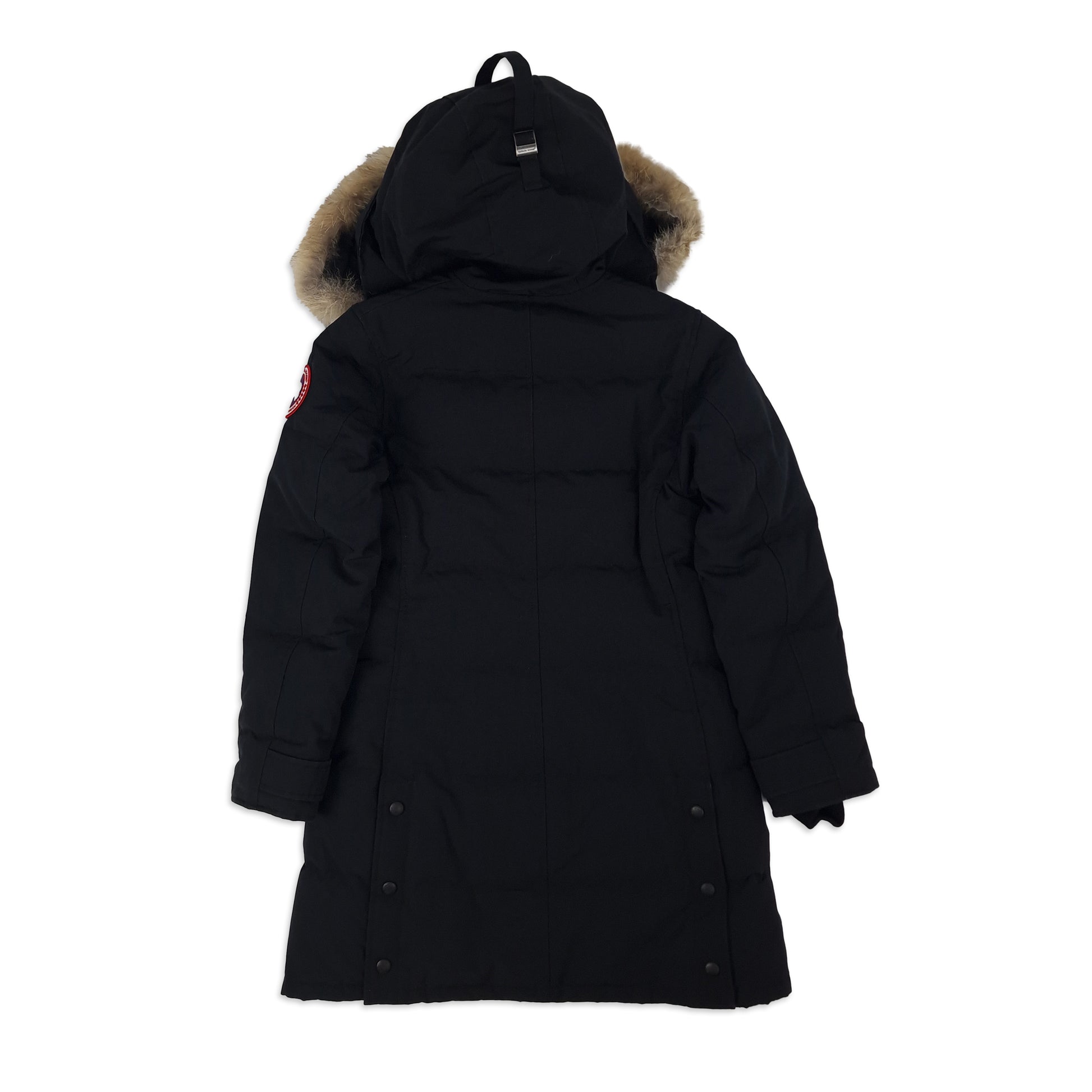Back view of Heritage Black Canada Goose Shelburne Parka women's small showing coyote fur hood and knee-length silhouette