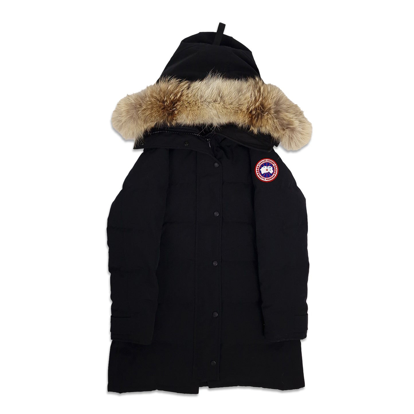 Front view of black Canada Goose Shelburne Parka 3802L women's small featuring coyote fur hood, Arctic badge, and knee-length design