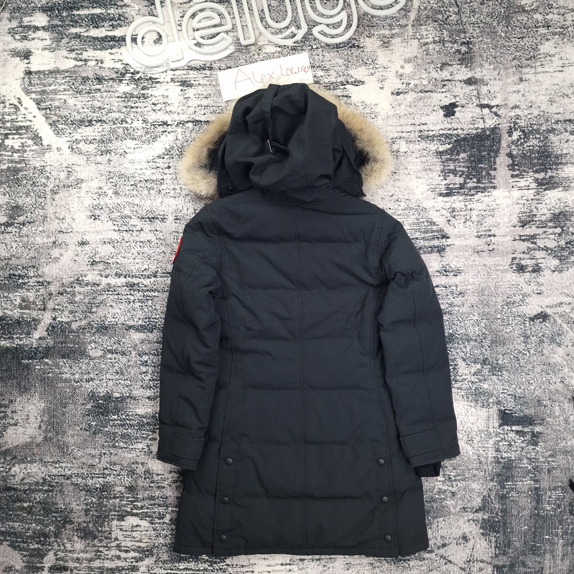 Back flat lay of Canada Goose Shelburne Parka 3802LA women's small in Heritage Black with fur-trimmed hood
