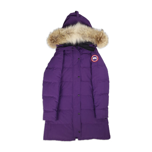 Front view of women's Canada Goose Shelburne Parka 3802L in rare Purple Arctic Disk colorway featuring coyote fur hood trim, displayed on white background