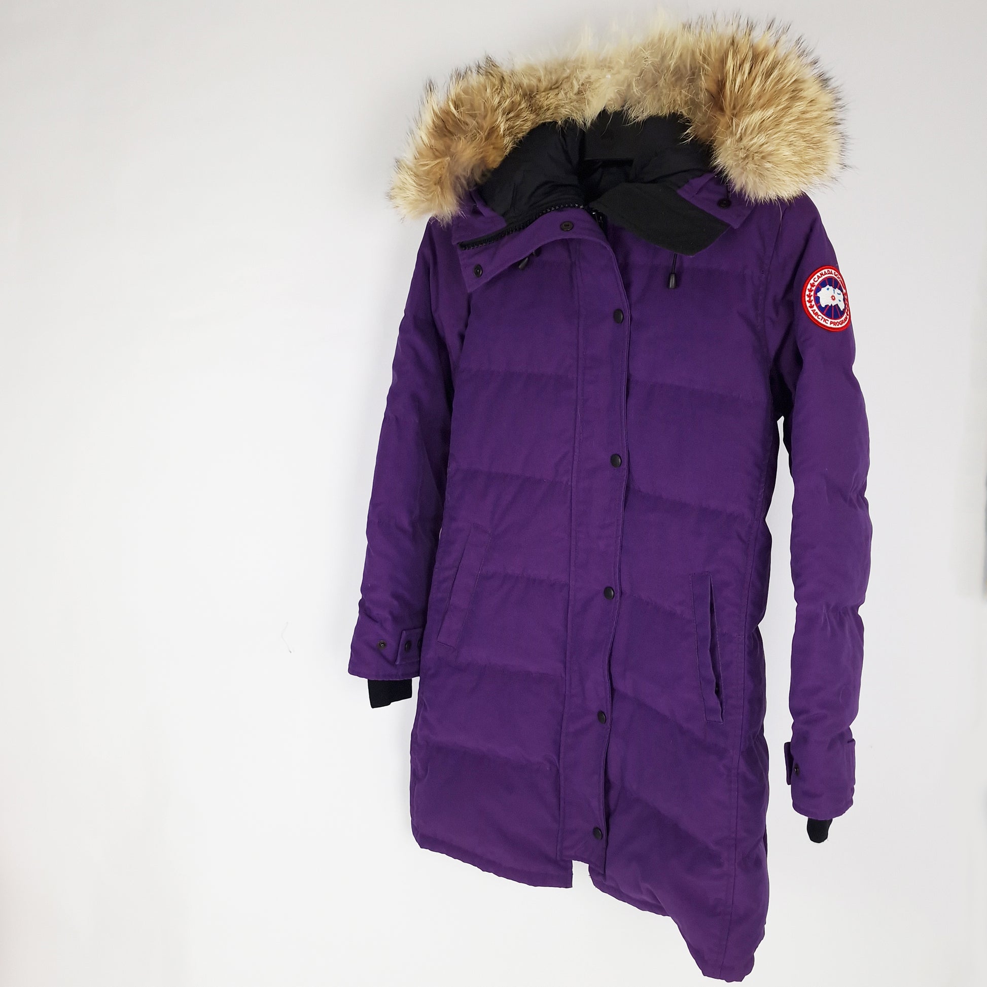Professional product photo of Canada Goose Shelburne Parka in Purple Arctic Disk, women's luxury down-filled winter coat with fur-trimmed hood, style 3802L, full jacket view