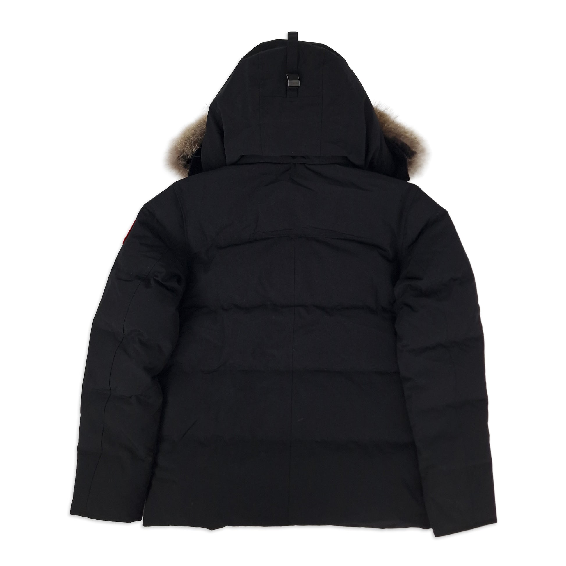 Rear angle of men's Canada Goose Wyndham Heritage 3808MA in black, size large, showing horizontal quilting pattern and premium down-filled construction