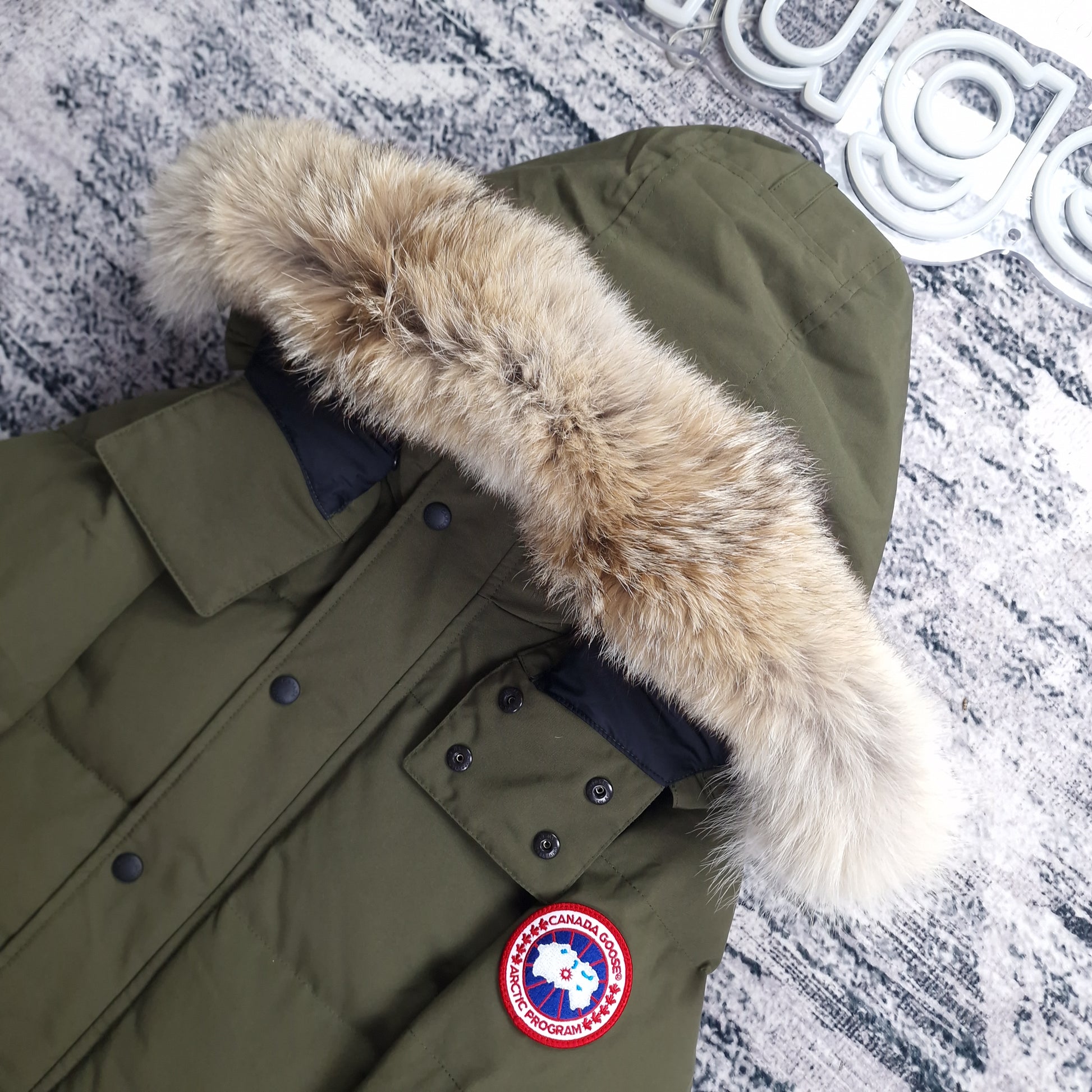 Wyndham Military Green L side view fur hood Arctic badge