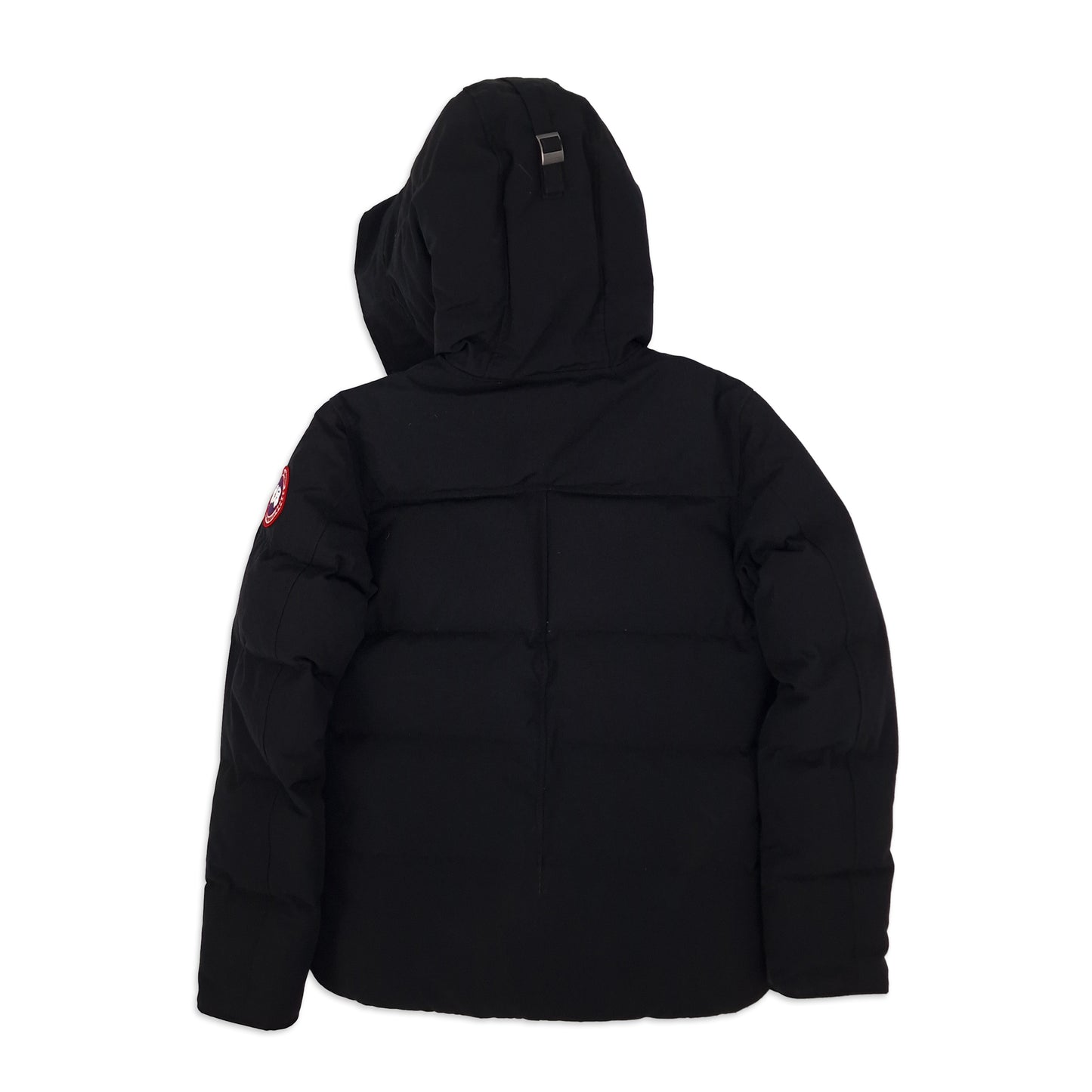 Canada Goose Macmillan Parka style 3804MA in black with hood raised, men's size small, featuring signature down-filled warmth and Arctic Program badge